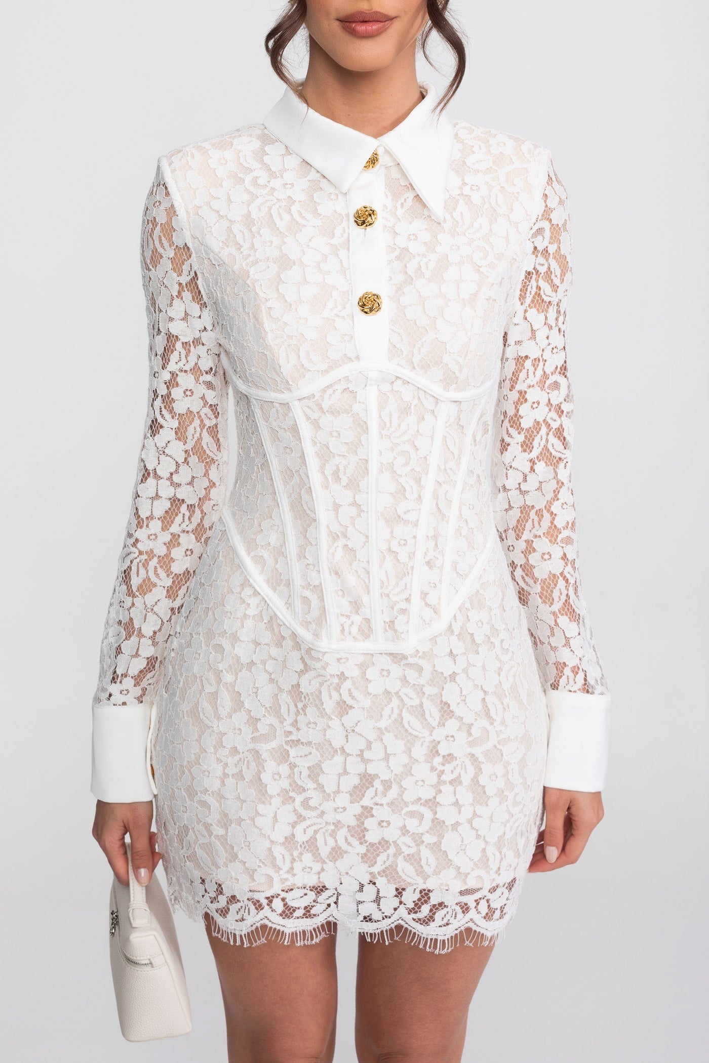 Rochie mini din dantelă cu mânecă lungă și tiv festonat - Alb