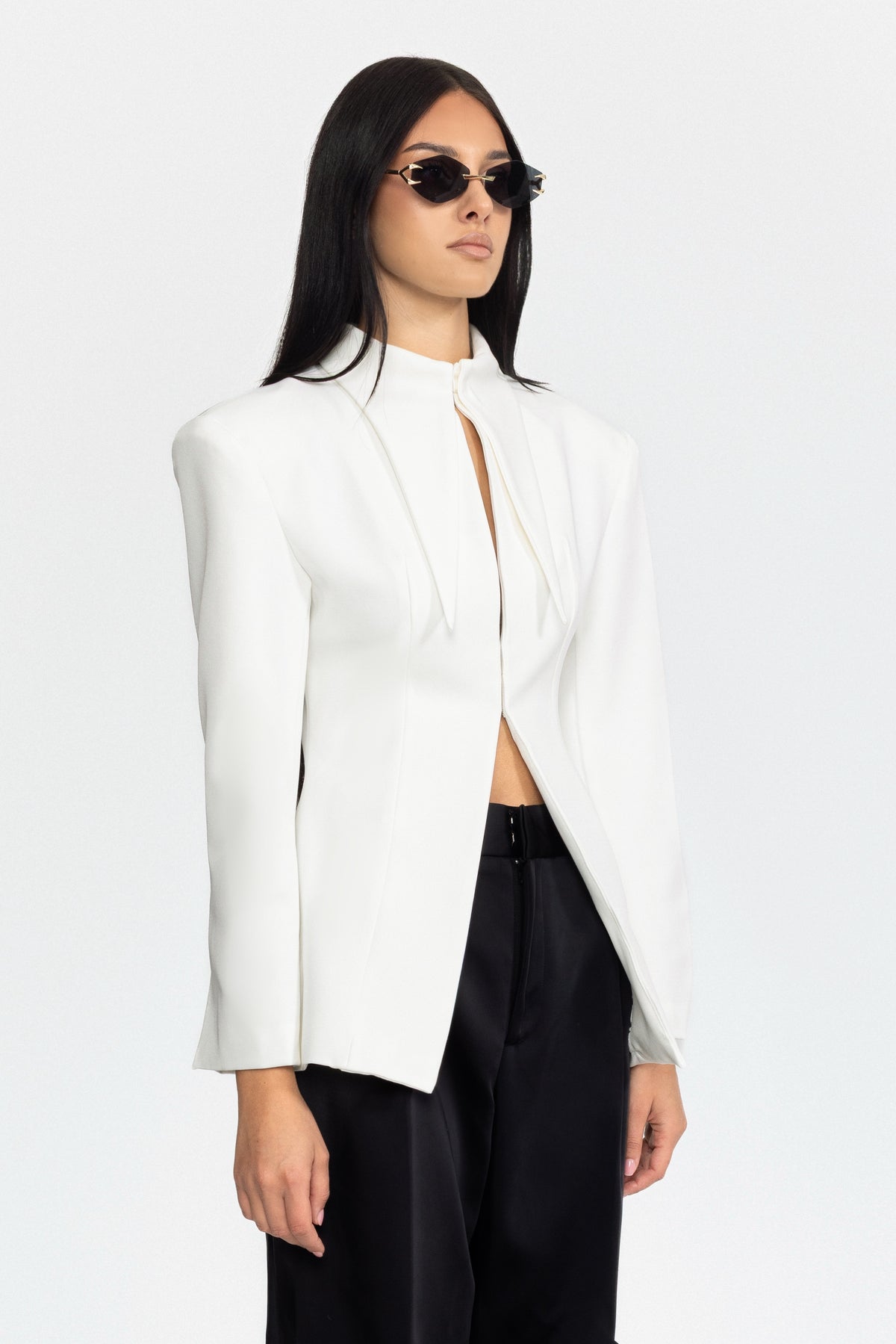Sculpted Pointed-Collar Hook-Front Blazer - White