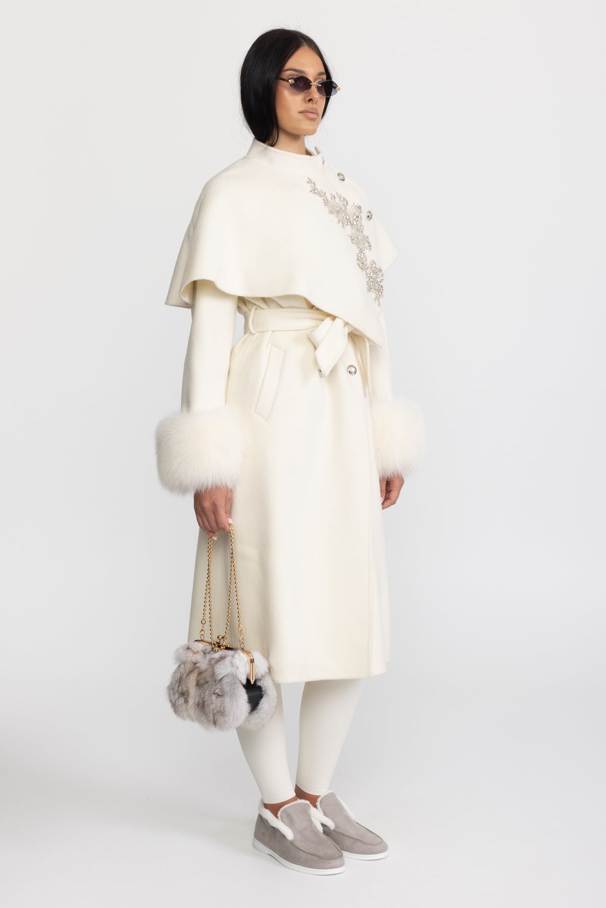 Embellished Capelet Wool Coat with Fox Fur Cuffs - Ivoire