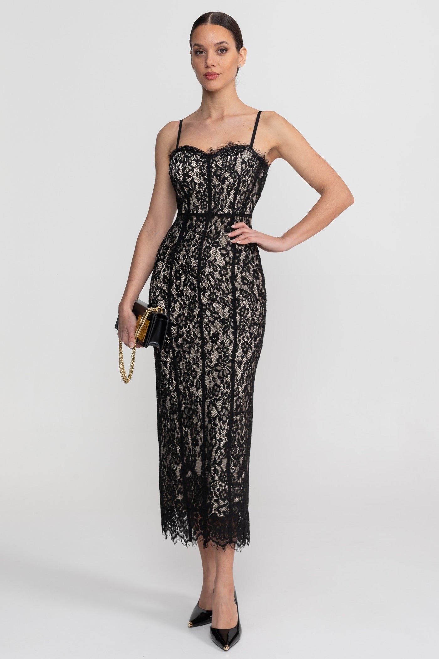 Rochie midi din dantelă cu corset transparent - Negru
