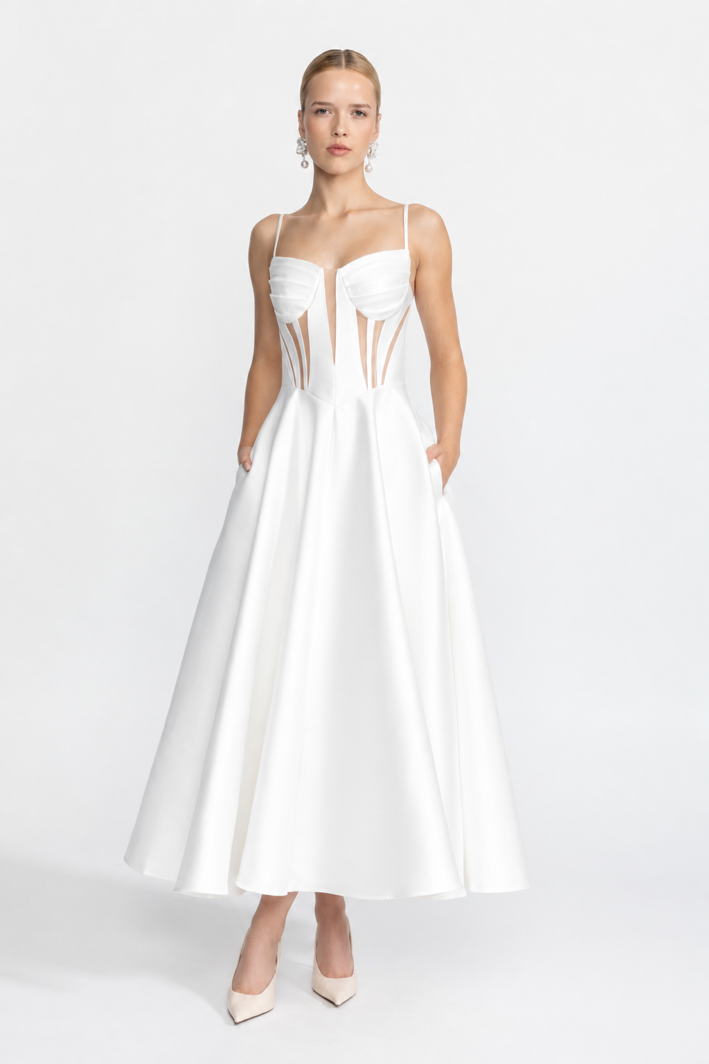 Rochie midi corset din satin cu panouri transparente - alb