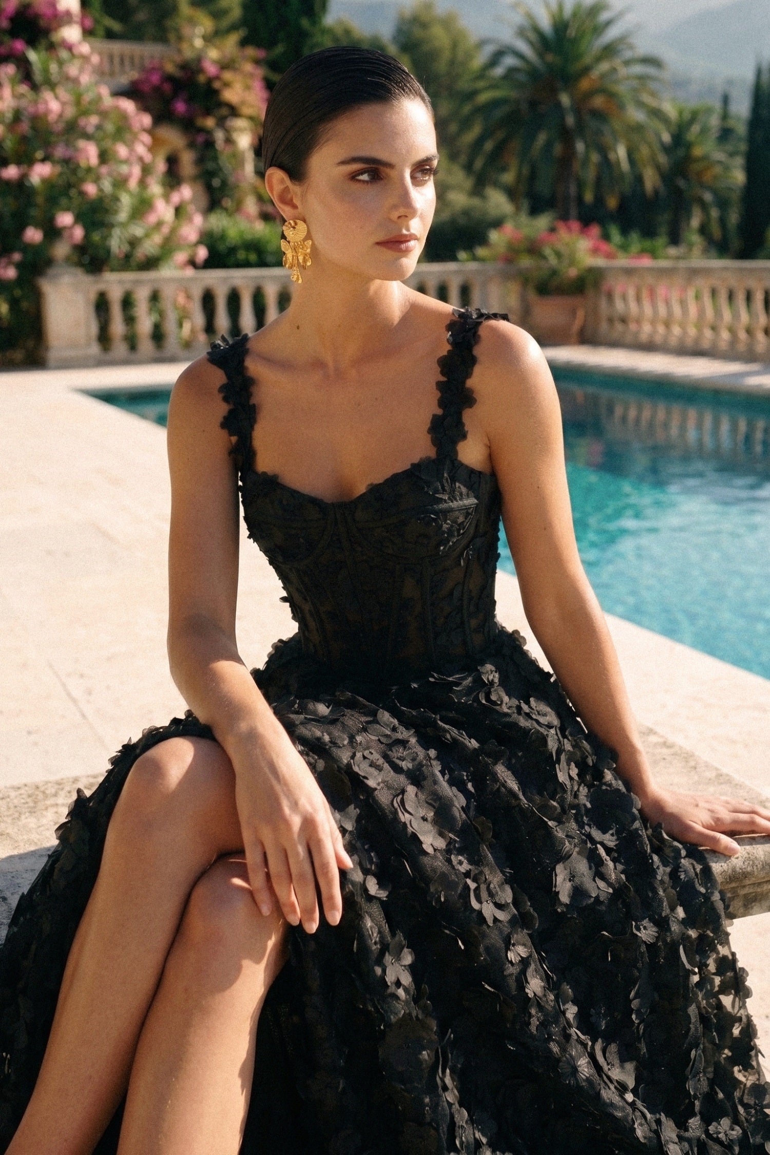 Floral Appliqué Maxi Dress With Corset Bodice - Black