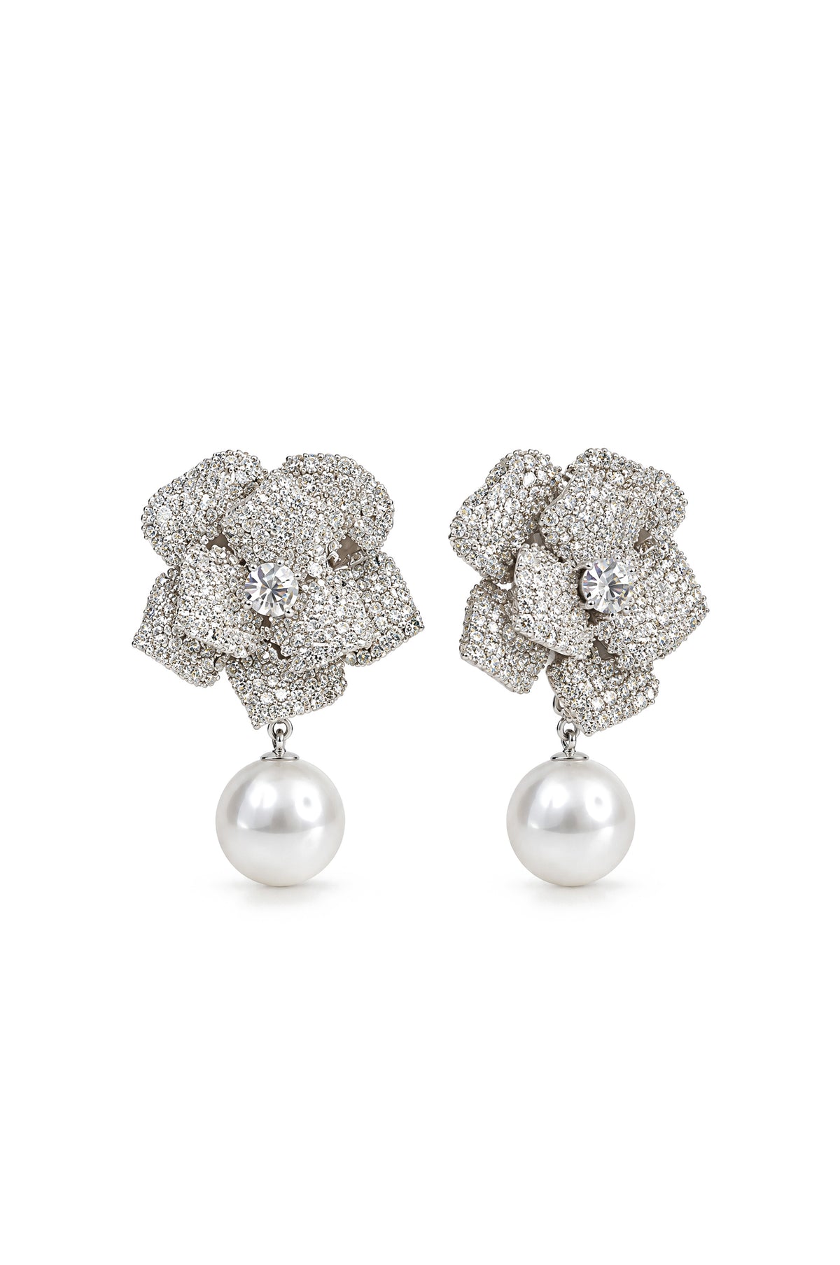 Cercei Crystal Camellia Pearl Drop - argintii