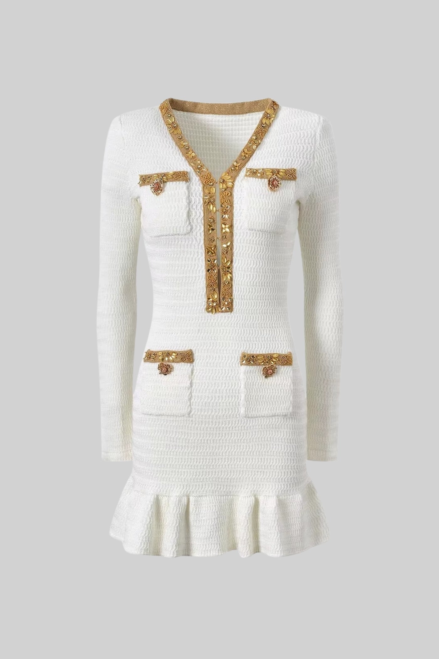 Textured Mini Dress With Long Sleeves And Gold Detailing - White
