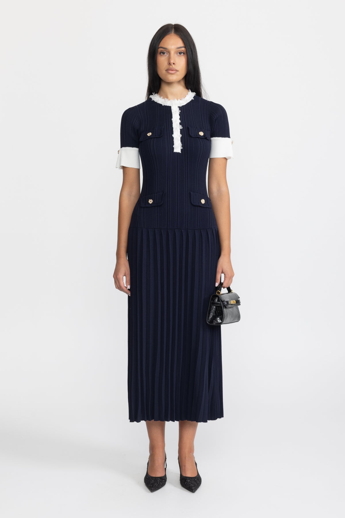 Rochie midi din tricot plisat cu volan la tiv - bleumarin