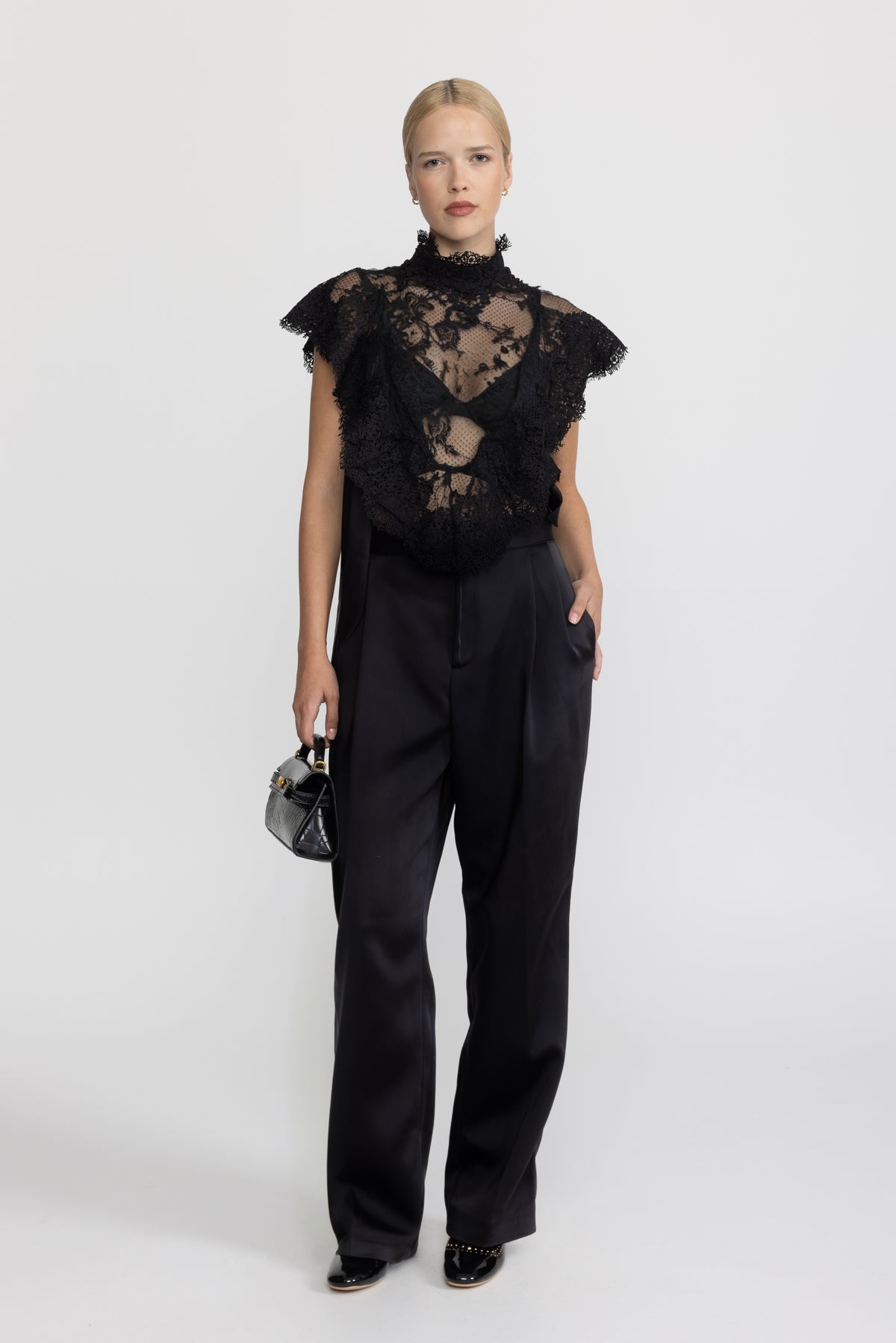 Sheer Lace Ruffle Mock Neck Top - Black
