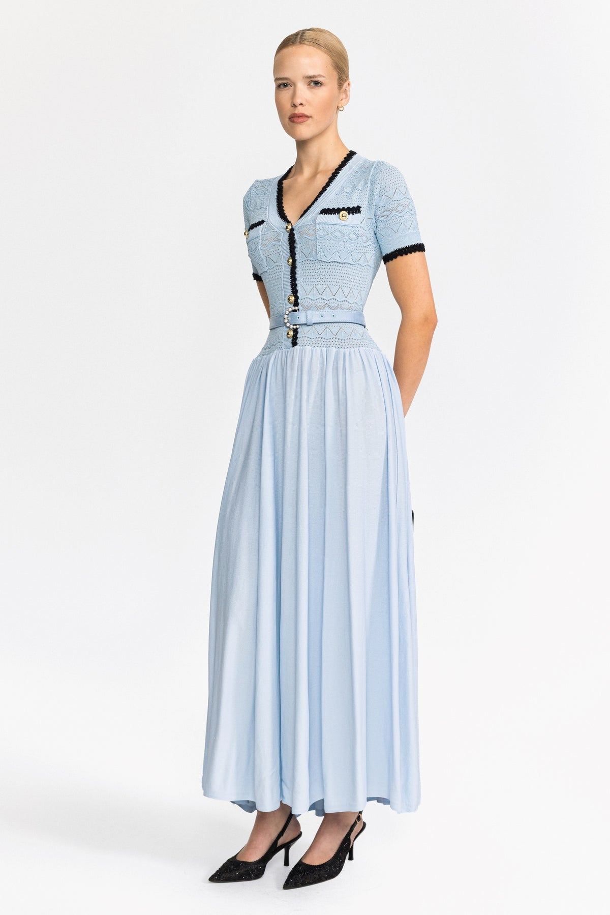 Rochie maxi cu corsaj din tricot pointelle și cordon în talie - albastru deschis