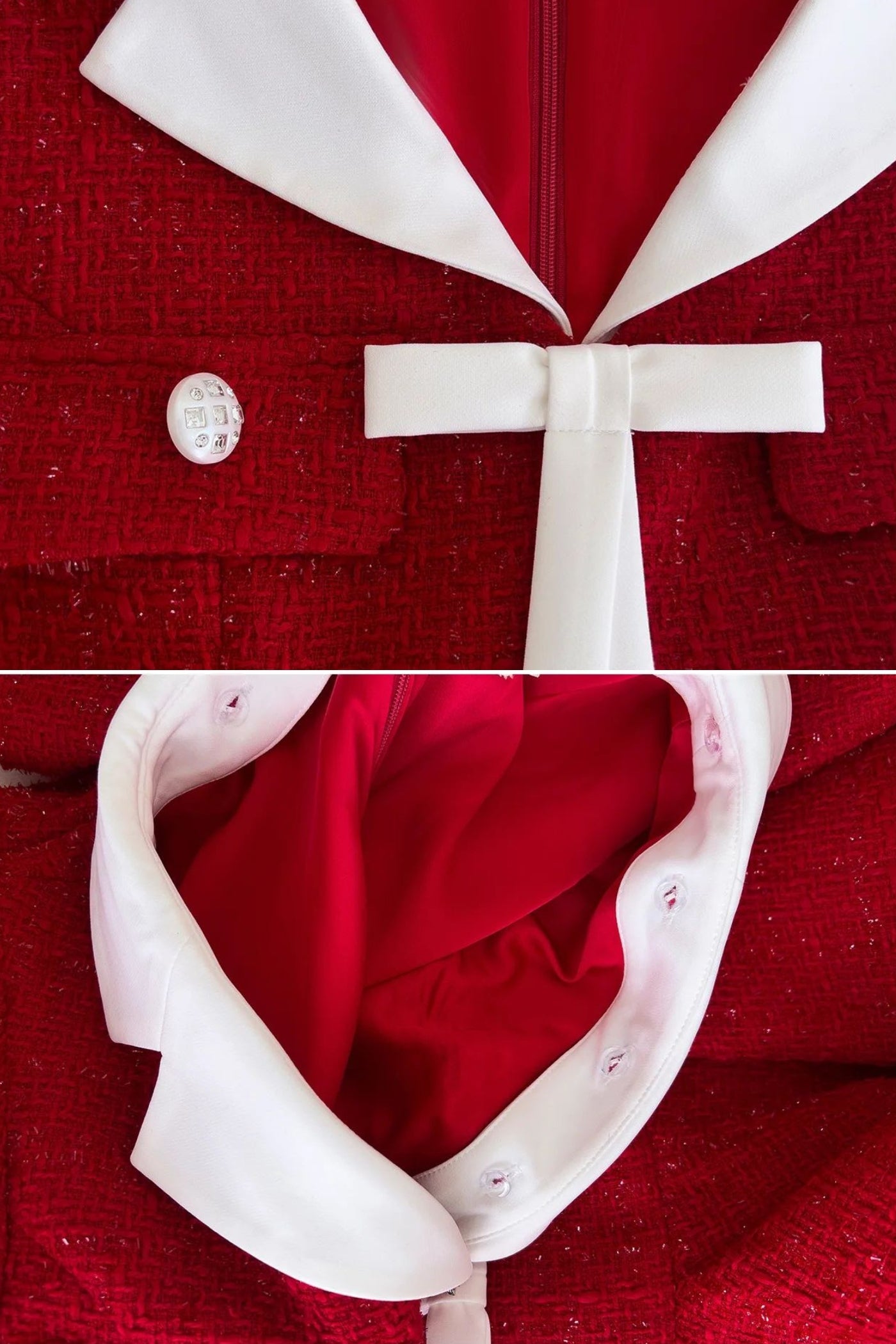 Rochie Tweed Fit-and-Flare cu Guler Contrastant și Detaliu de Fundă – Roșu