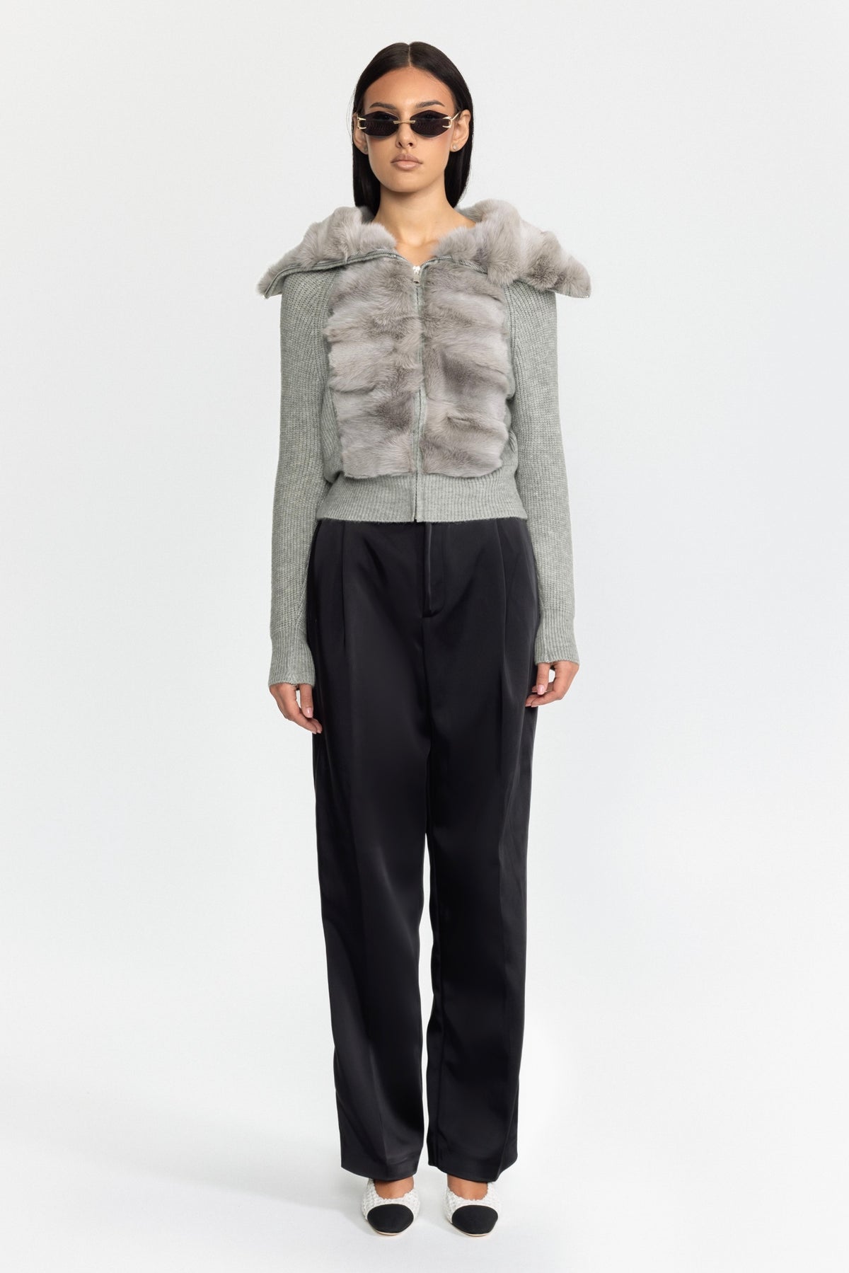 Rabbit Fur Panel Knit Zip Cardigan - Grey