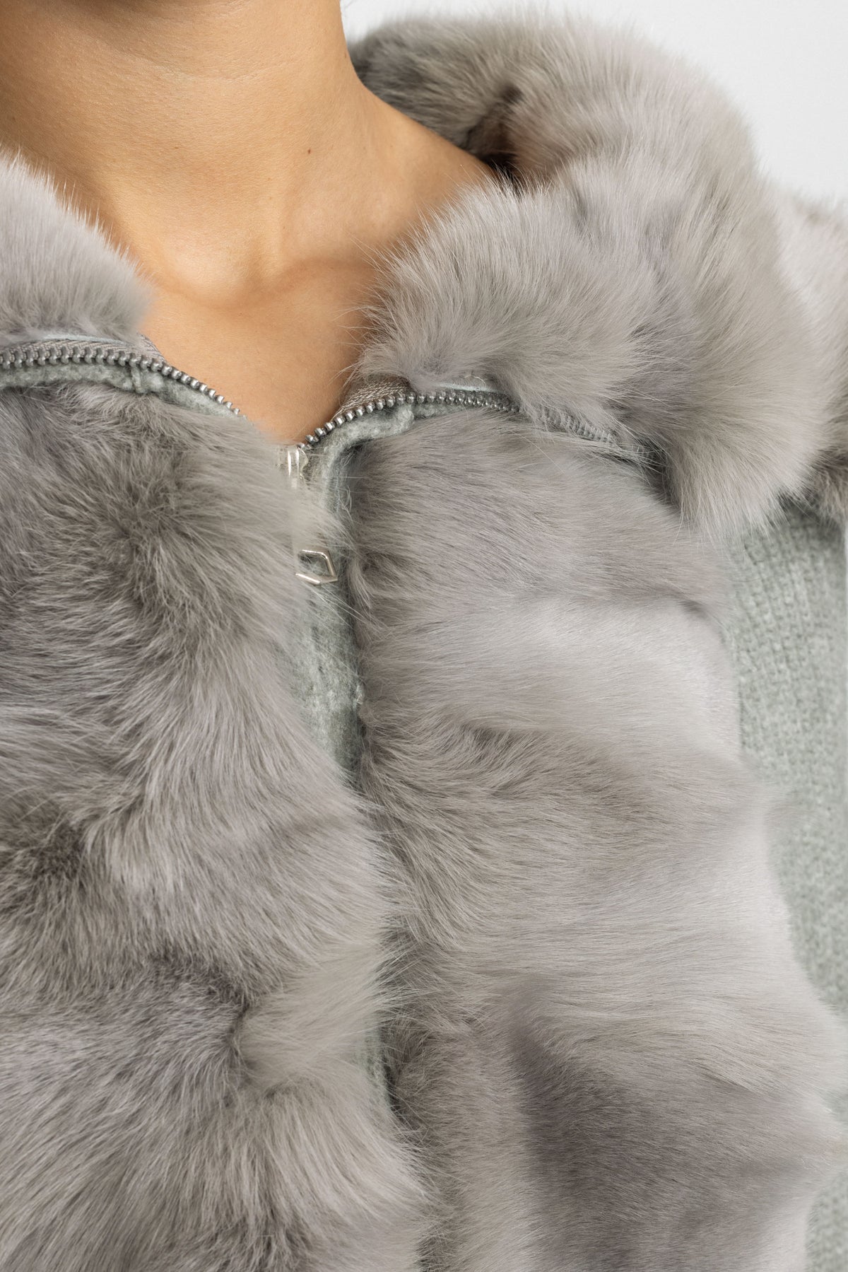 Rabbit Fur Panel Knit Zip Cardigan - Grey