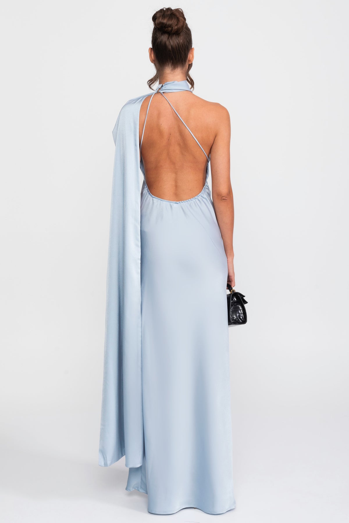 Rochie slip din satin, cu halter răsucit și decolteu asimetric - Albastru