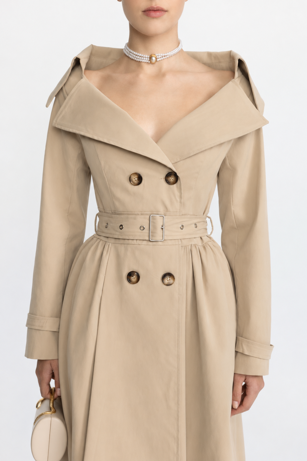 Rochie-trench bej cu guler off-shoulder și cordon în talie