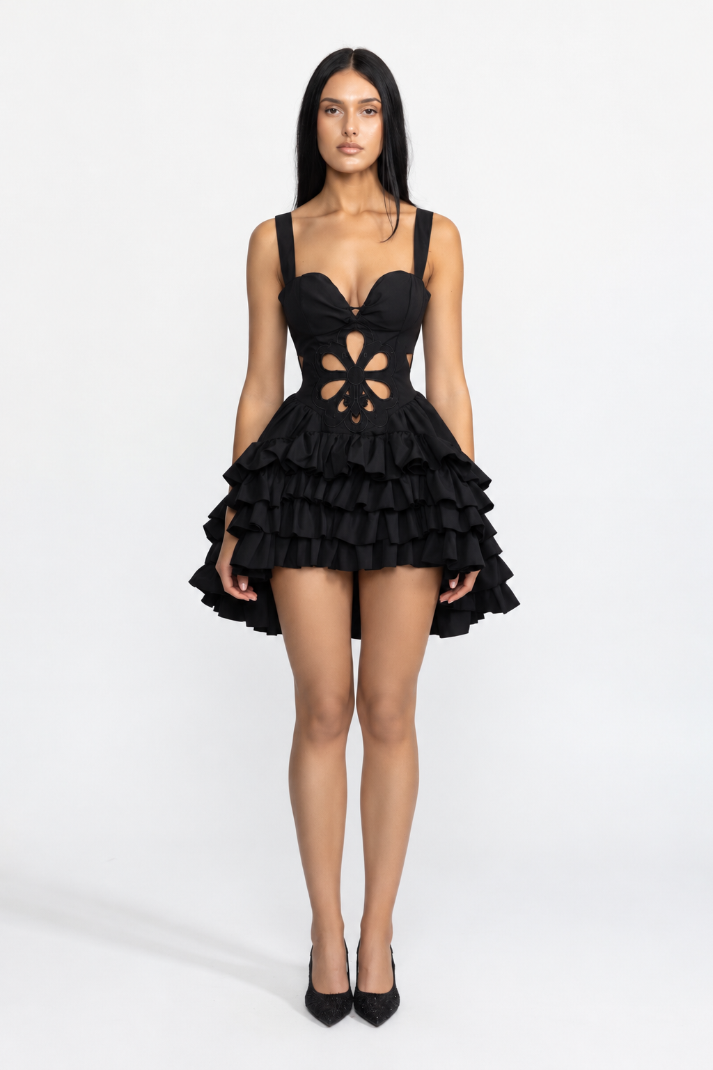 Rochie mini neagră cu broderie florală, decupaje și volane