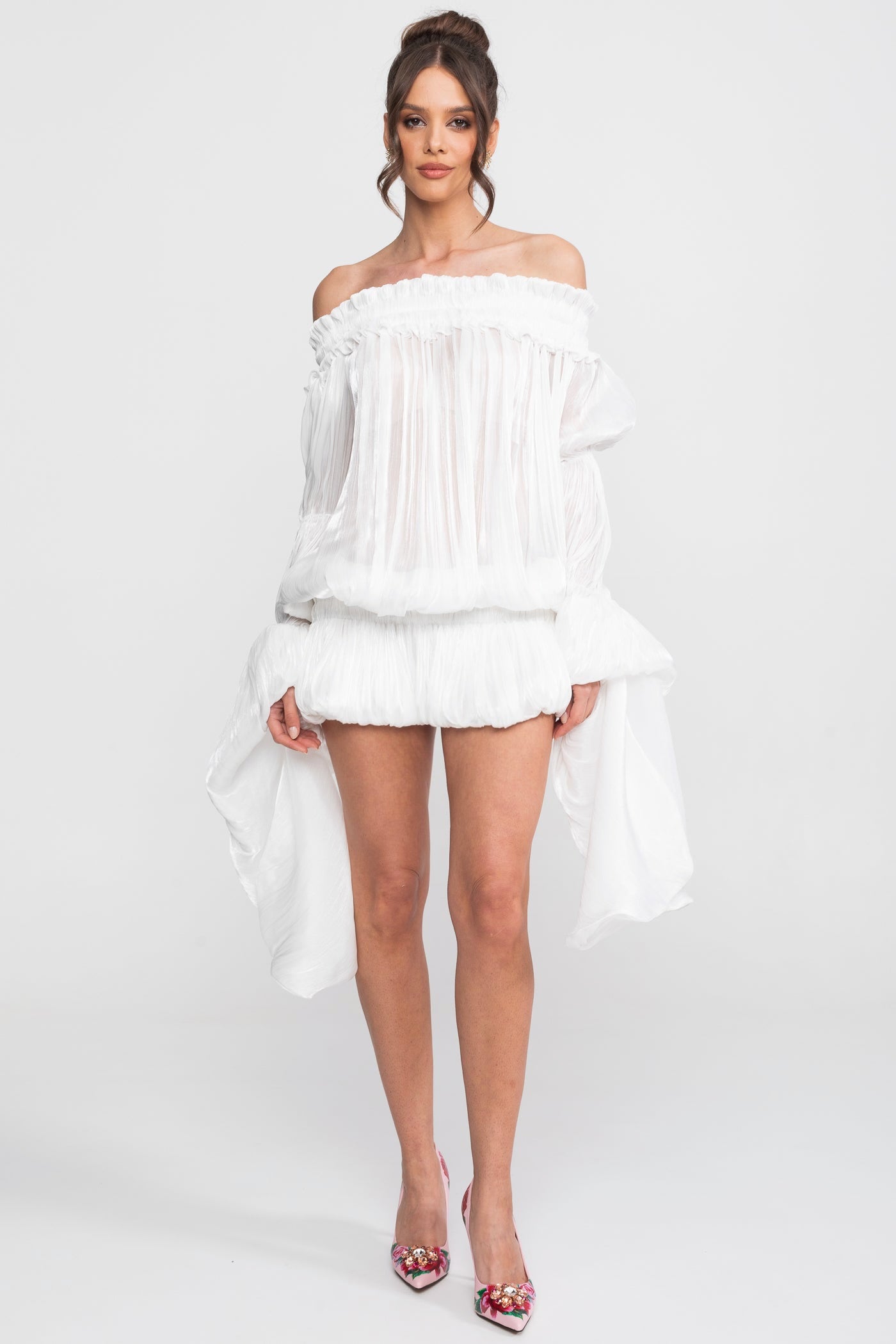 Off-Shoulder Ruffle Mini Dress With Draped Sleeves - White