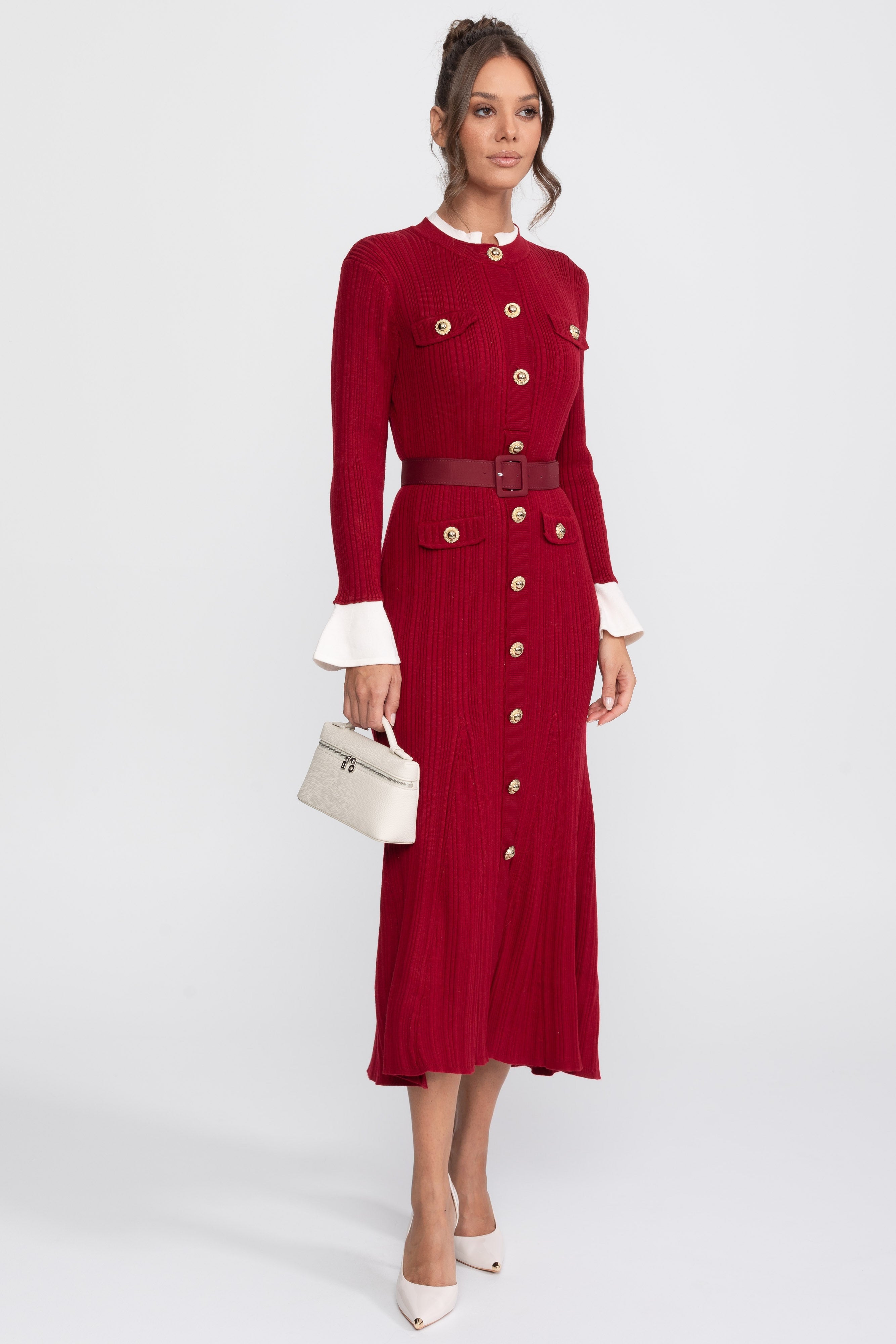 Ribbed Knit Belted Midi Dress With White Cuffs And Collar - Burgundy