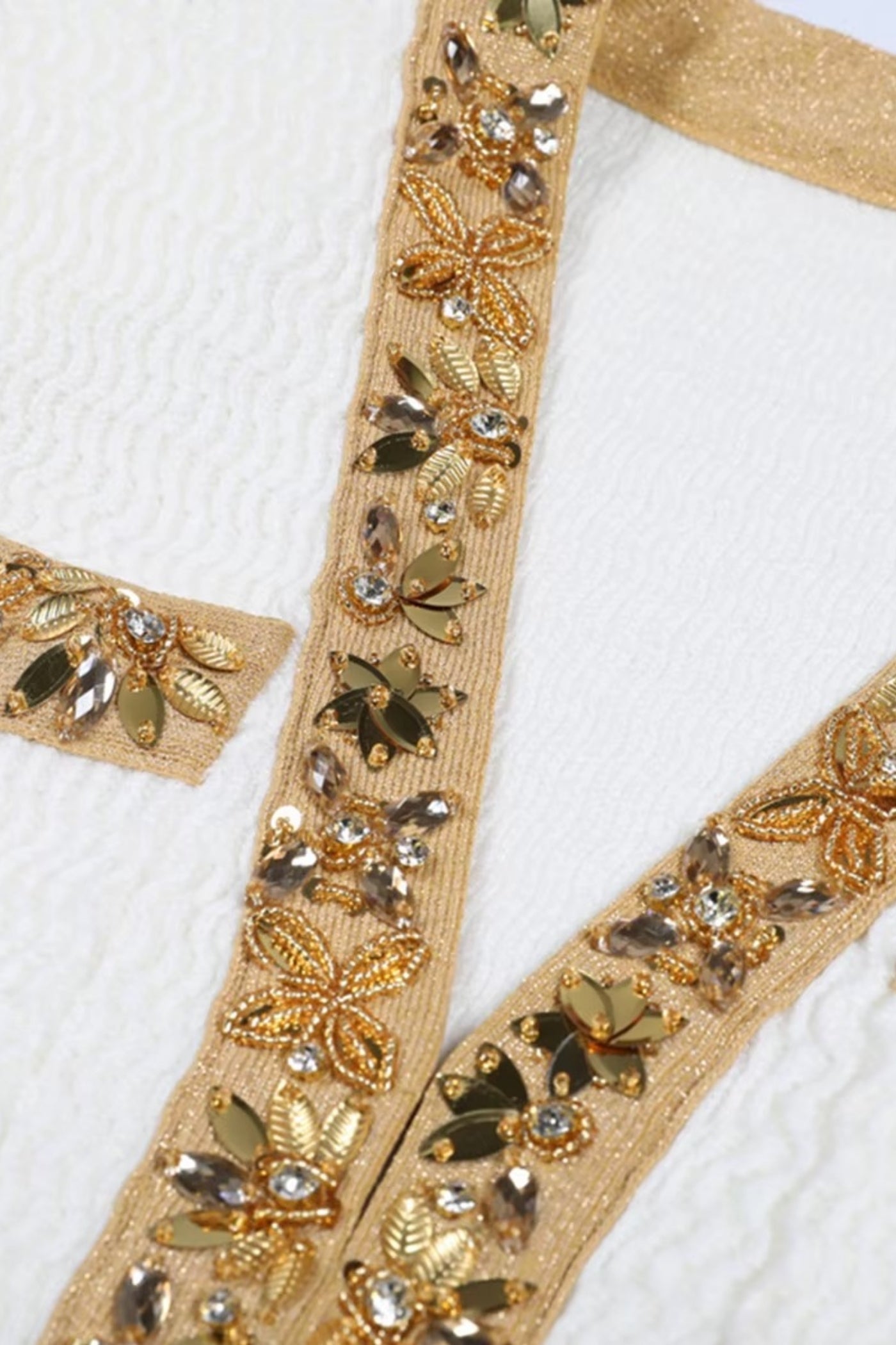 Textured Mini Dress With Long Sleeves And Gold Detailing - White