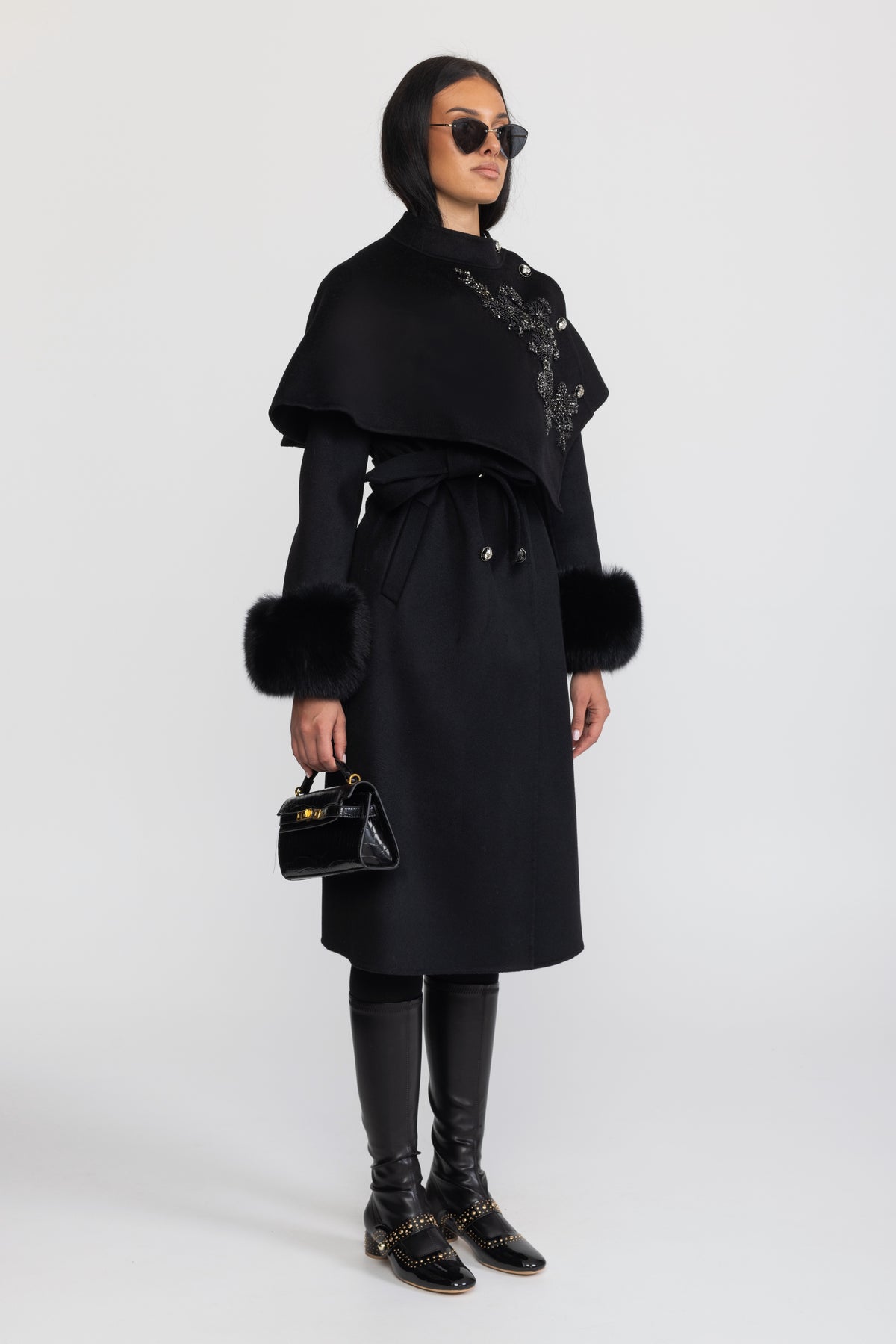 Embellished Capelet Wool Coat with Fox Fur Cuffs - Black