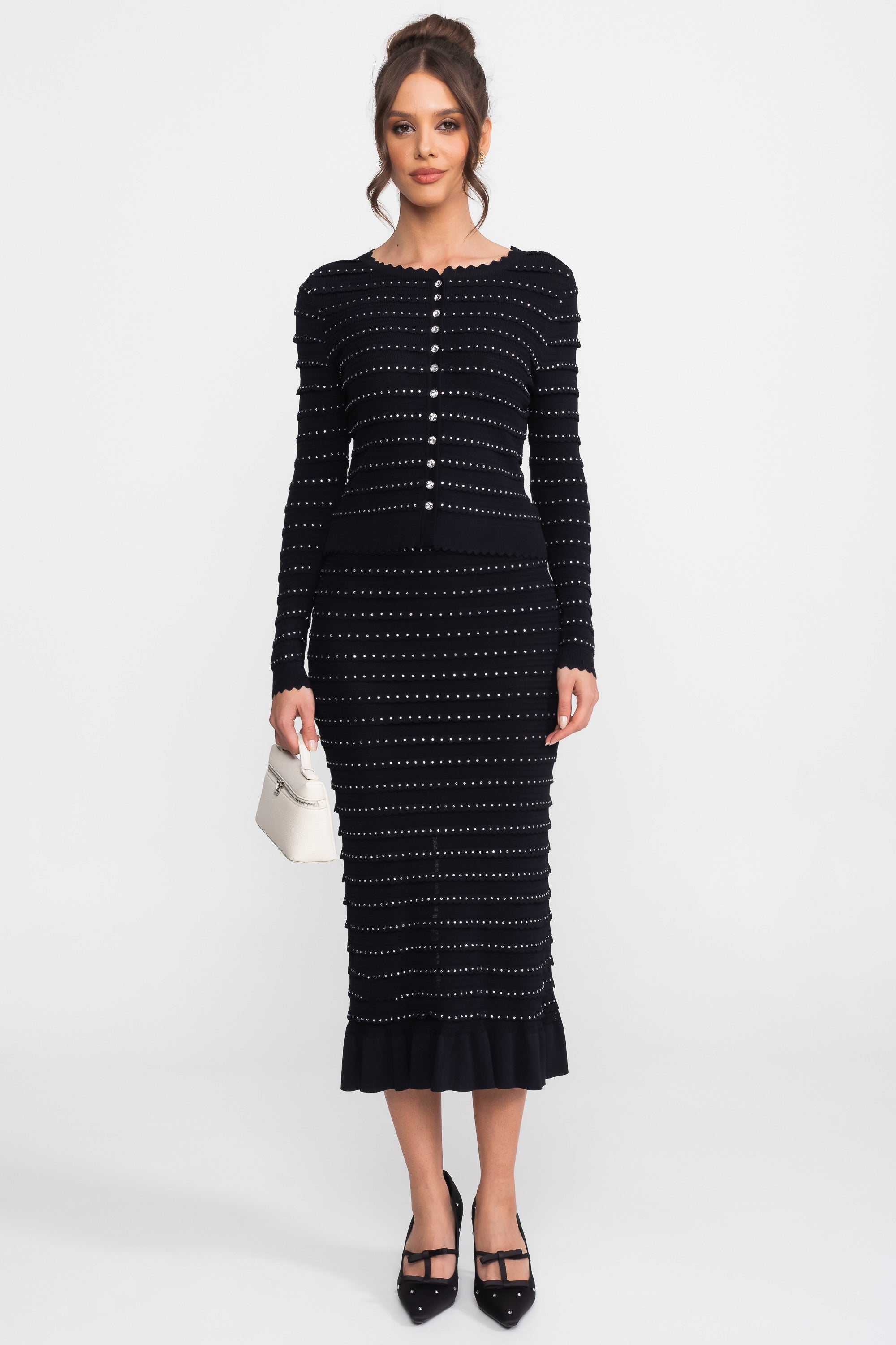 Textured Knit 3 Piece Set With Blazer, Top and Midi Skirt - Black