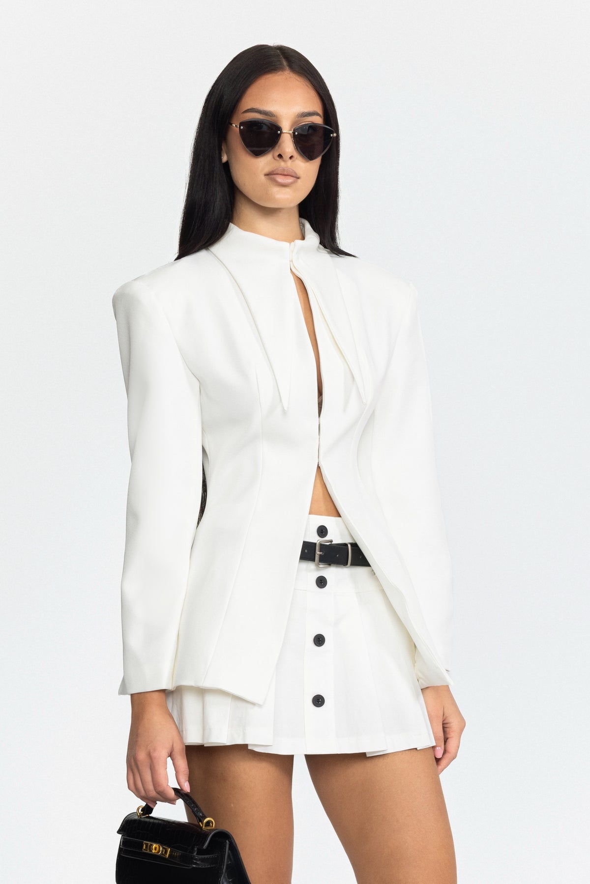 Sculpted Pointed-Collar Hook-Front Blazer - White