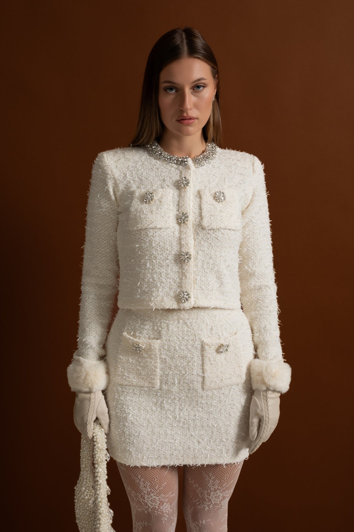 Fustă Mini Tweed cu Nasturi de Cristal - Alb