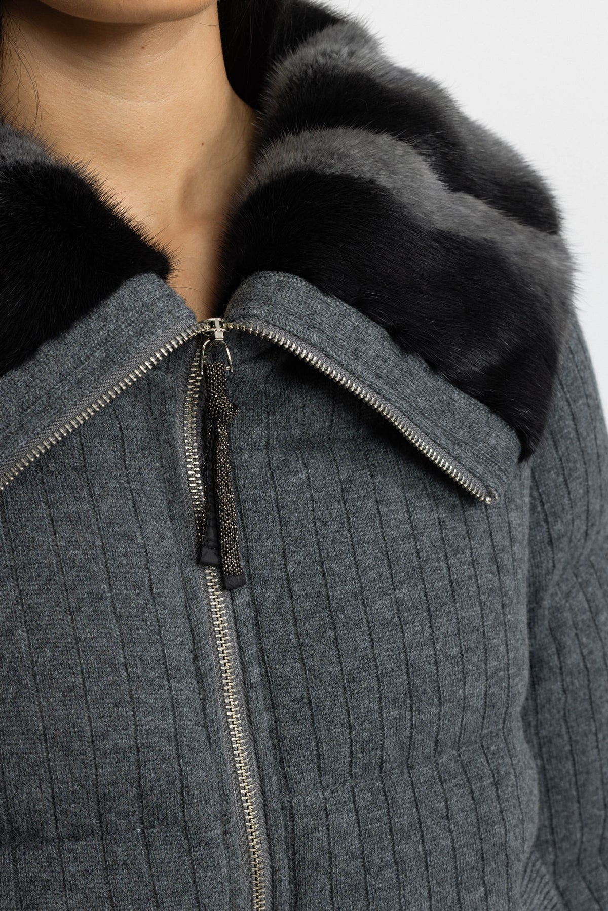 Mink Collar Knit Down Jacket - Grey