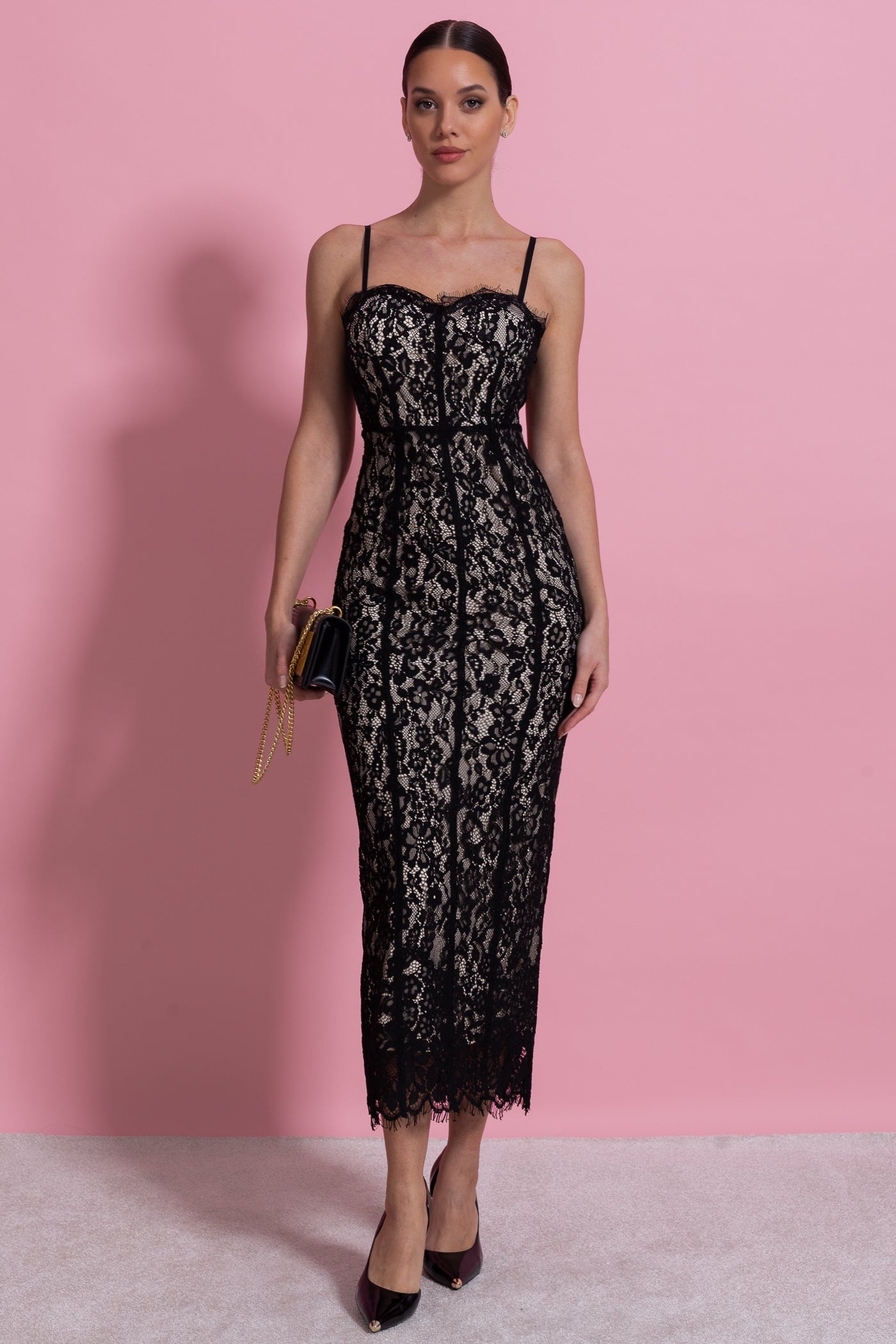 Rochie midi din dantelă cu corset transparent - Negru