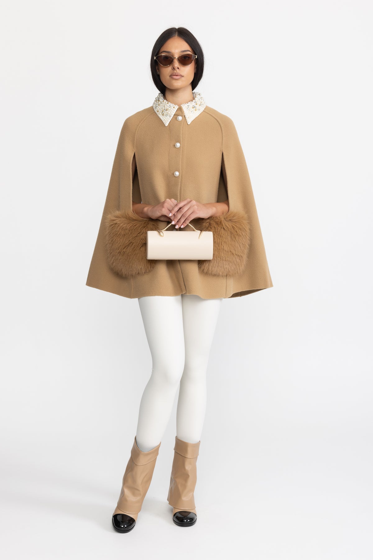 Pearl Embellished Collar Cape with Faux Fur Pockets - Camel