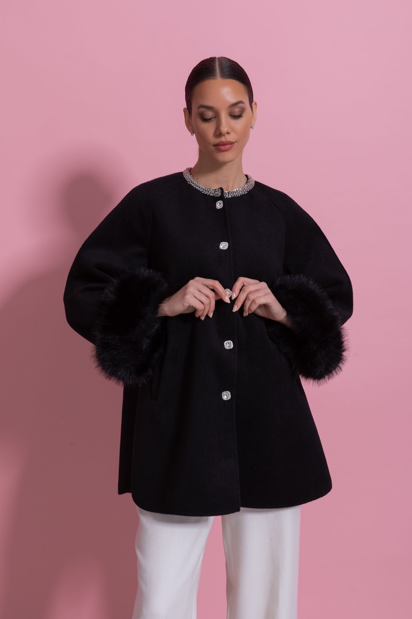 Longline Coat With Pearl Embellished Neckline And Fur Cuffs - Black