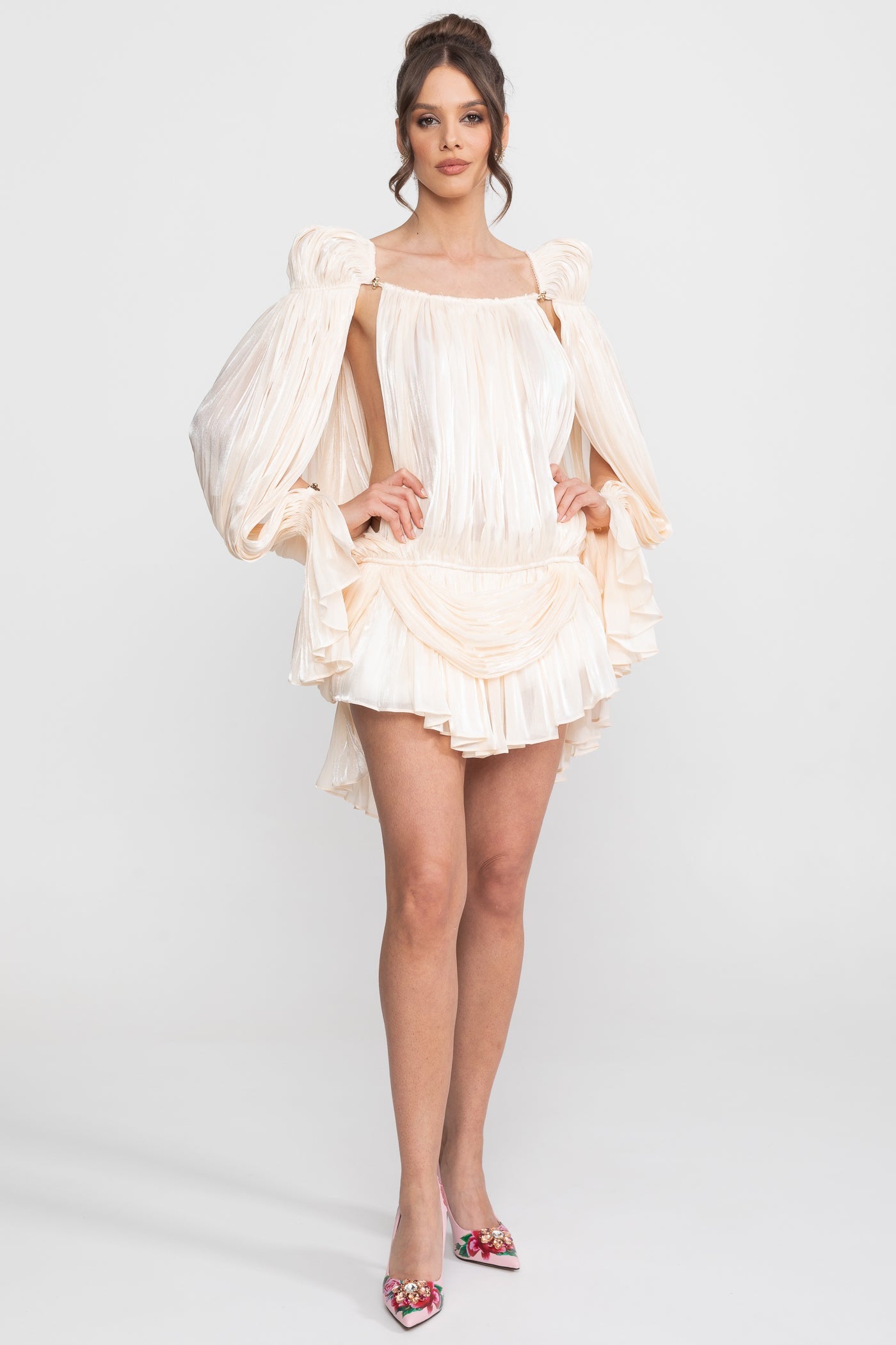 Sheer Draped Mini Dress With Cape Sleeves And Gold Clip Detail - Ivoire