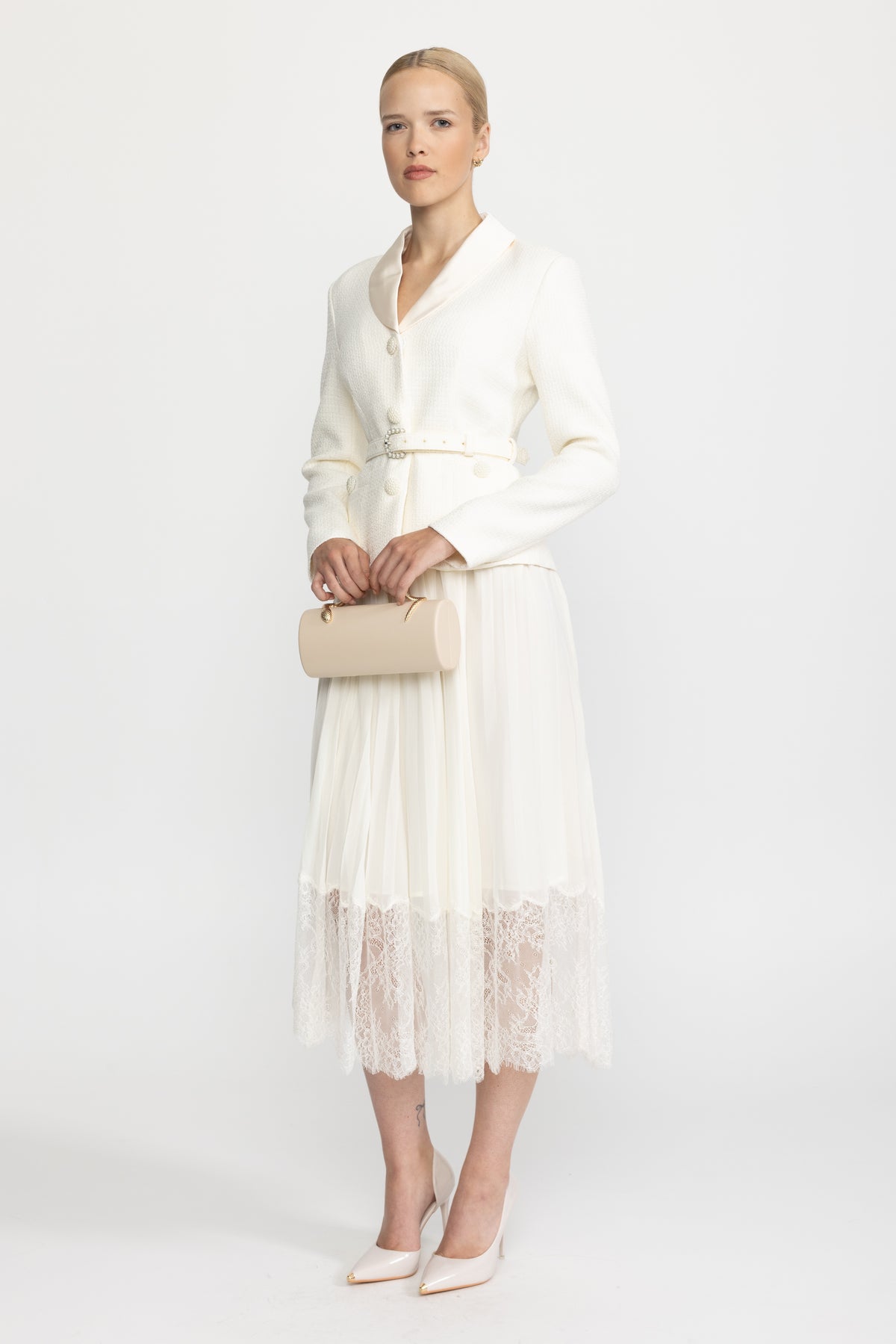 Rochie-jachetă din tweed cu guler din satin și fustă plisată din dantelă - Ivoire