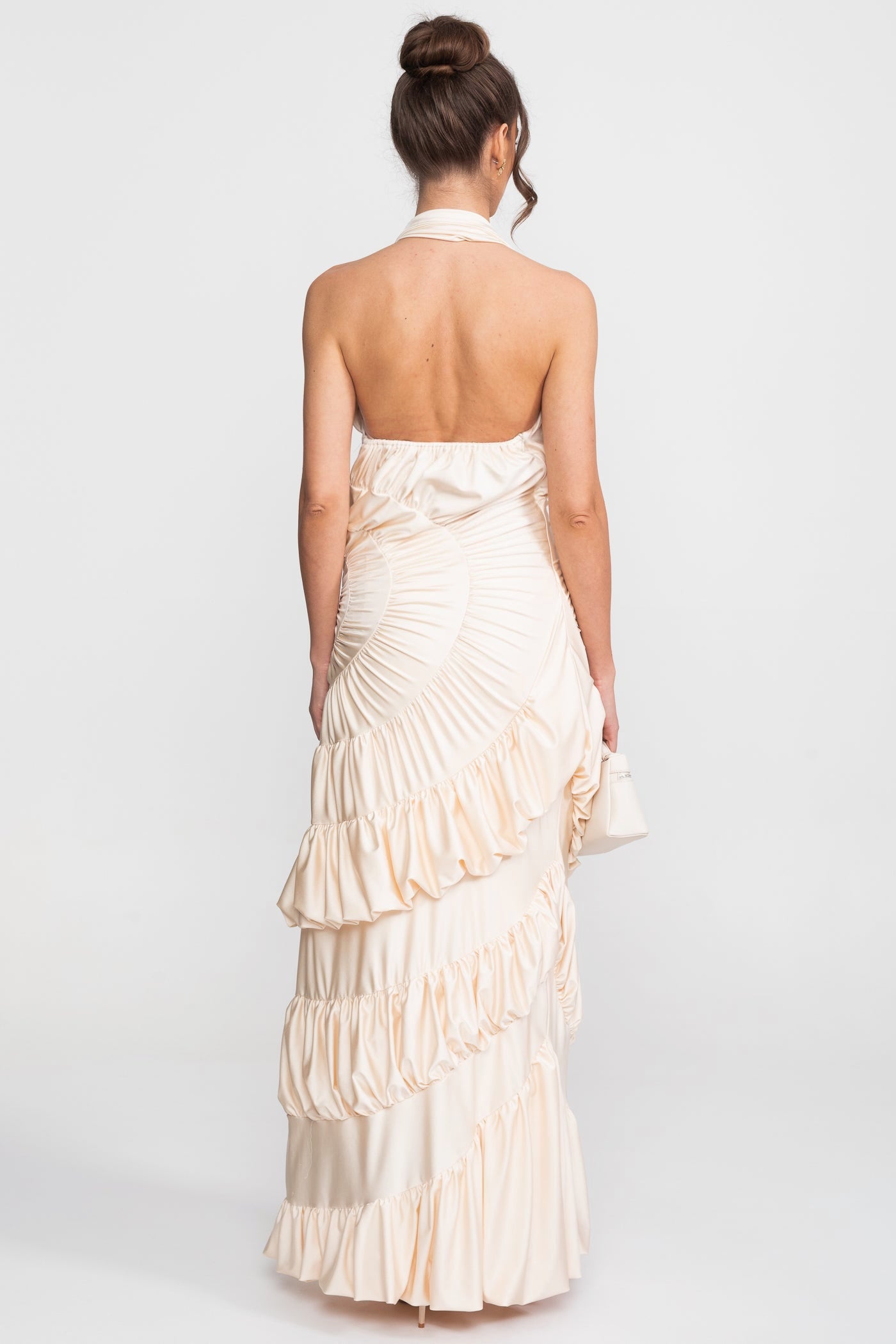 Halter Maxi Dress With Fan-Pleated Bodice And Tiered Ruffle Skirt - Ivoire