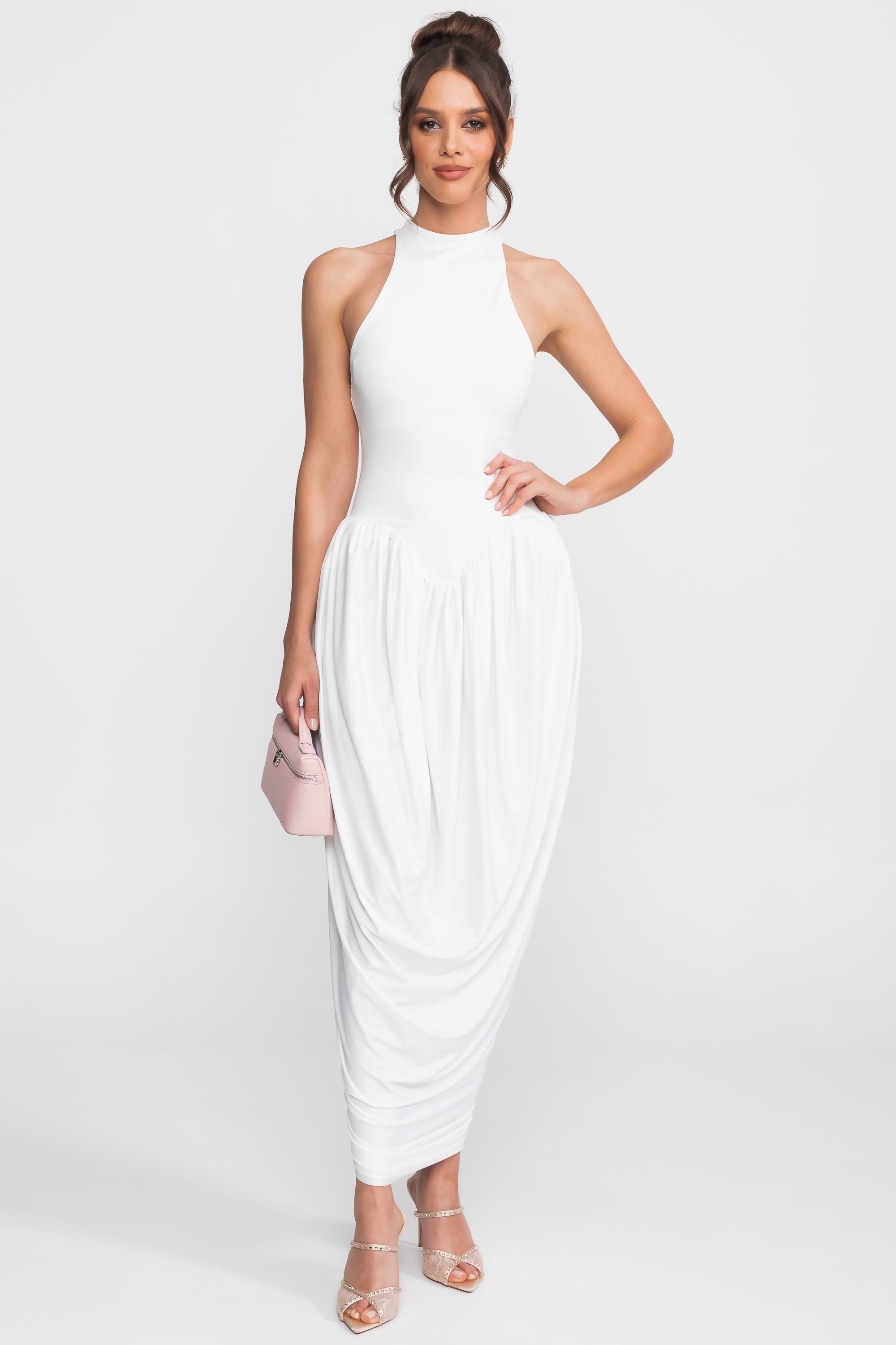 Halter-Neck Maxi Dress With Gathered Balloon Skirt - White