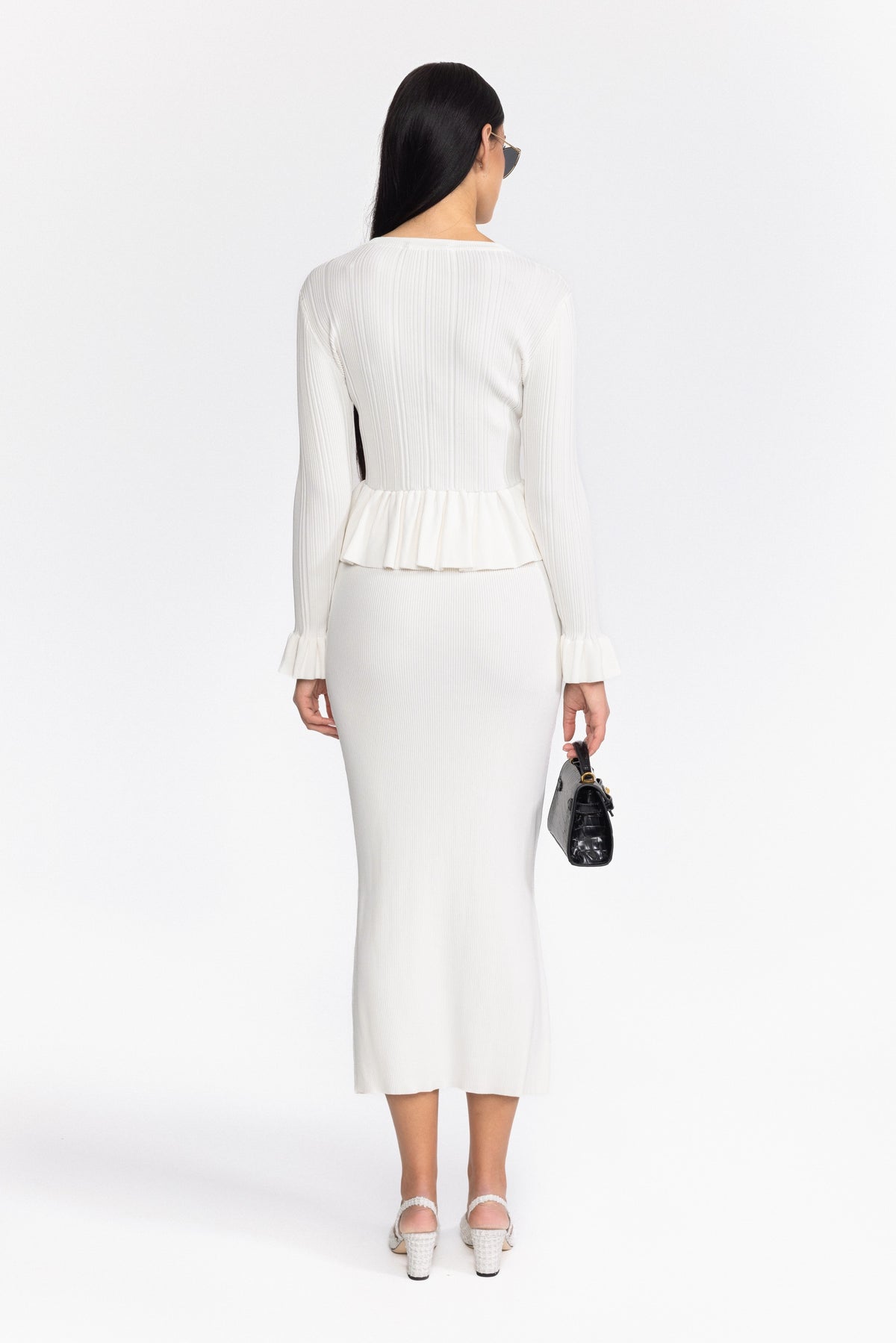Ribbed Knit Peplum Cardigan and Midi Skirt Set - White