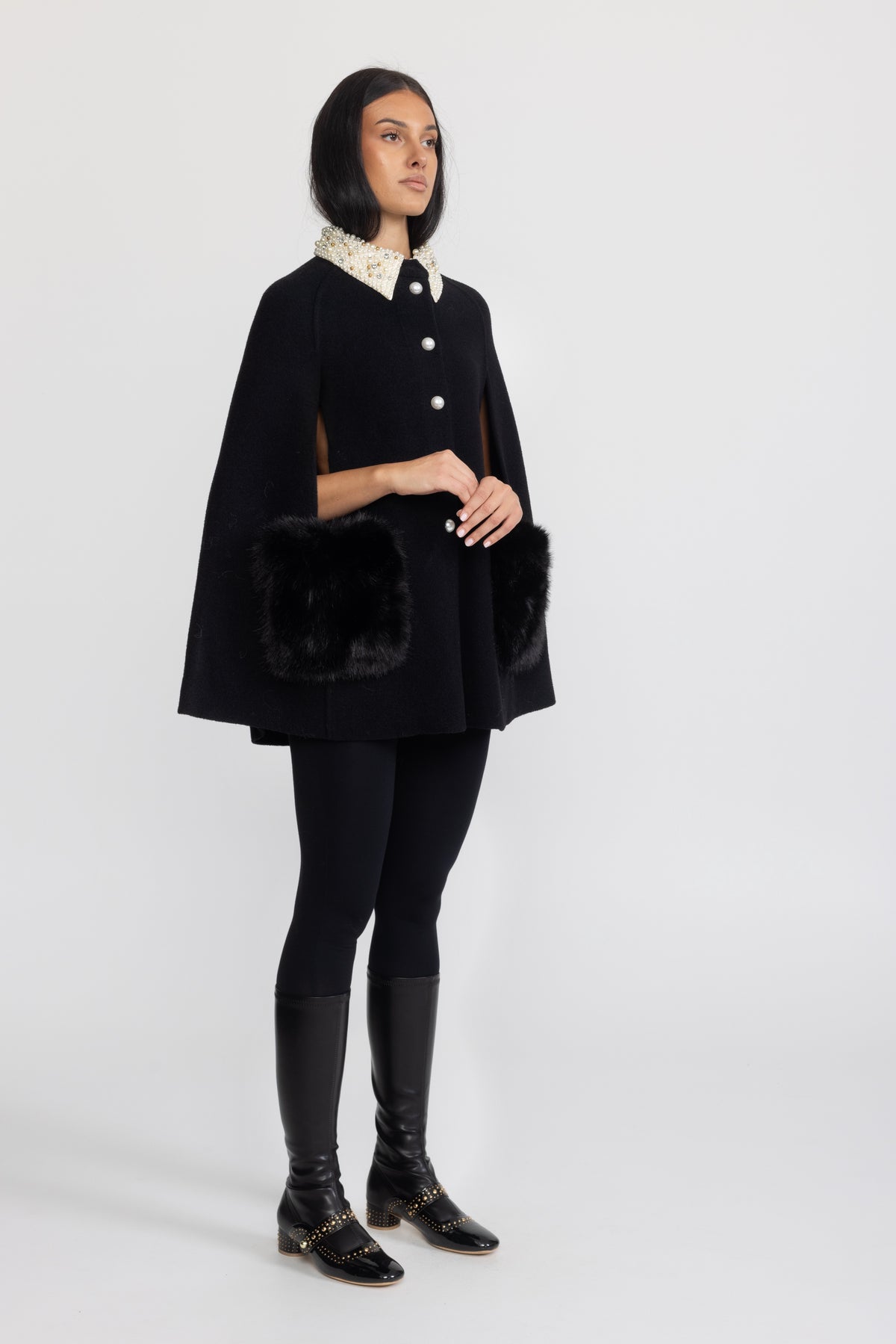 Pearl Embellished Collar Cape with Faux Fur Pockets - Black