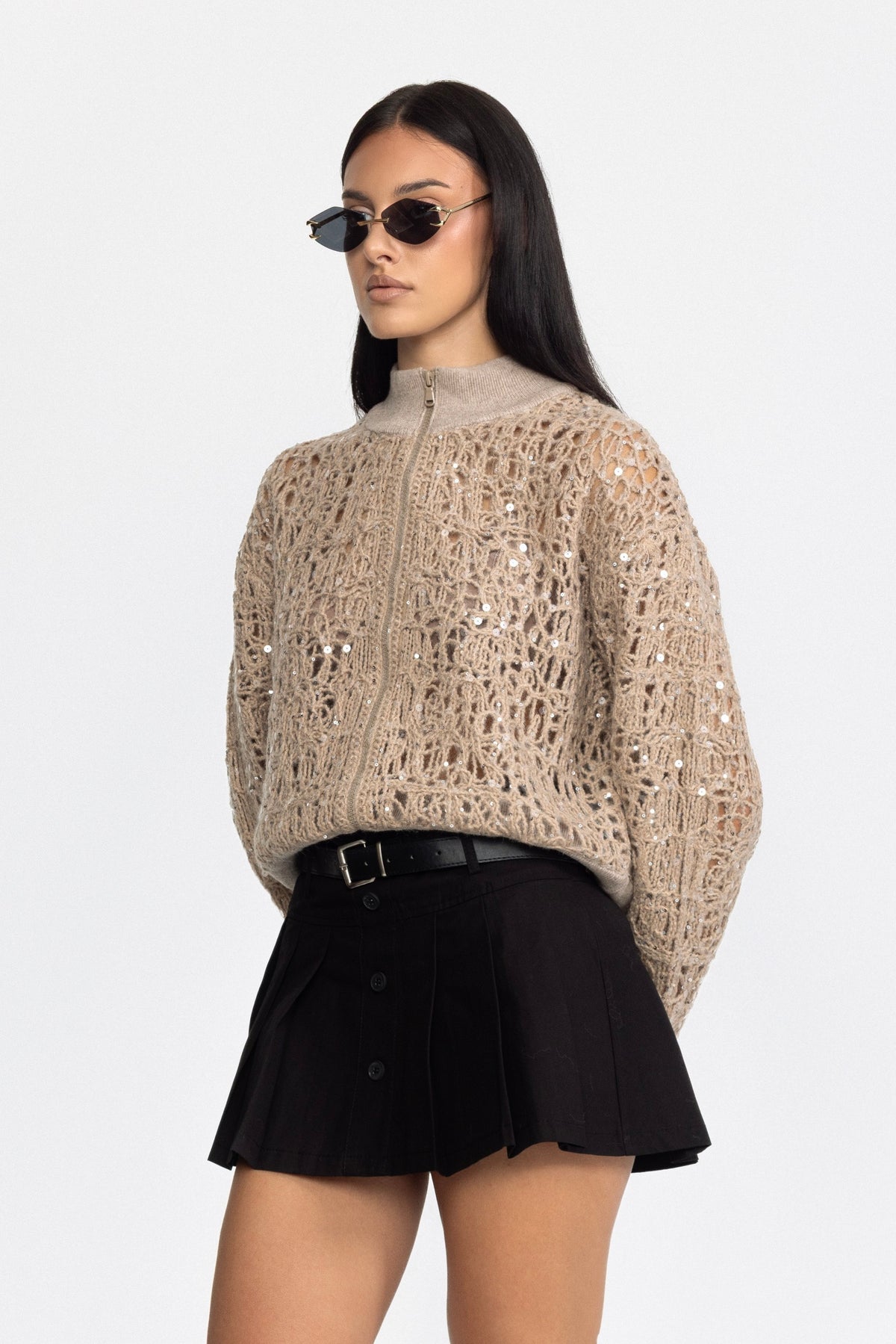 Cardigan cu paiete din tricot ajurat, cu fermoar - Bej