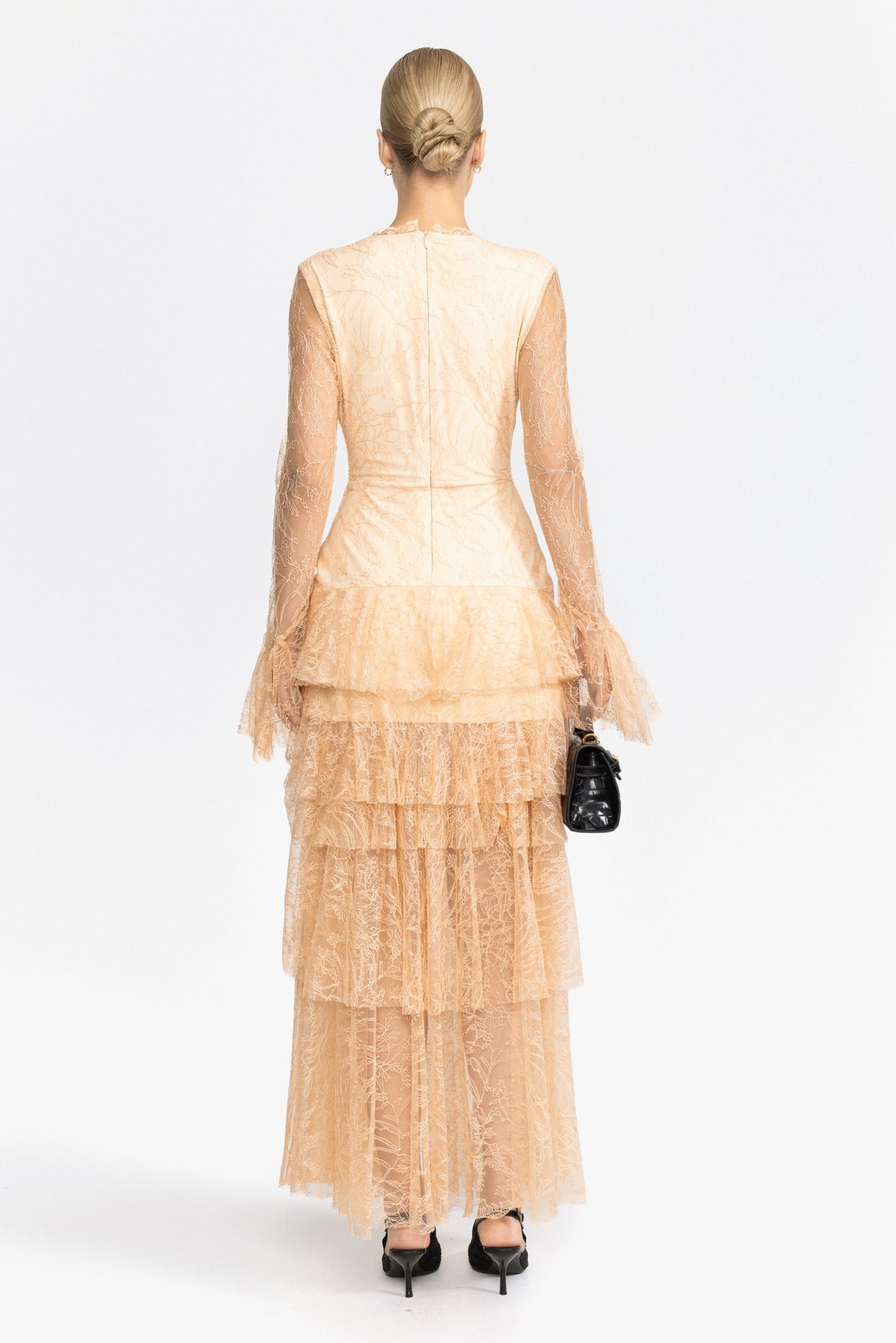 Rochie maxi cu volane din dantelă Chantilly - Bej