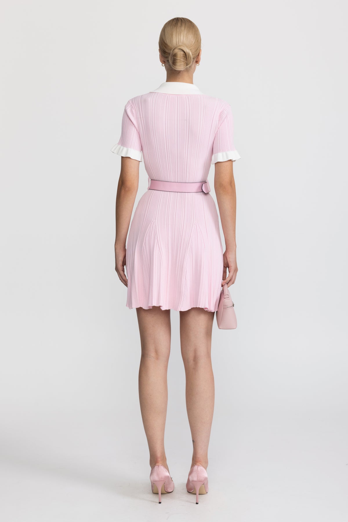 Ribbed Knit Contrast Collar Belted Mini Dress - Pink
