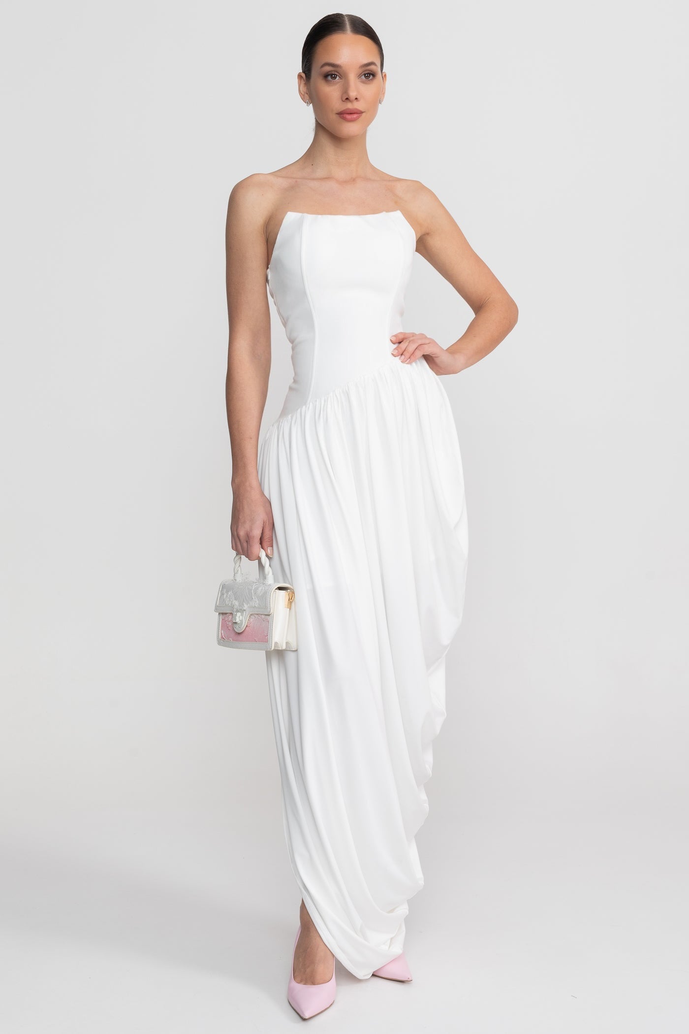Rochie maxi fără bretele cu fustă drapată asimetric - Alb