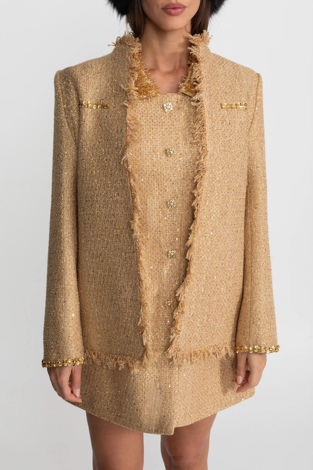 Textured Tweed Overcoat With Intricate Sequin Embellishments And Fringe Trim Accents - Gold