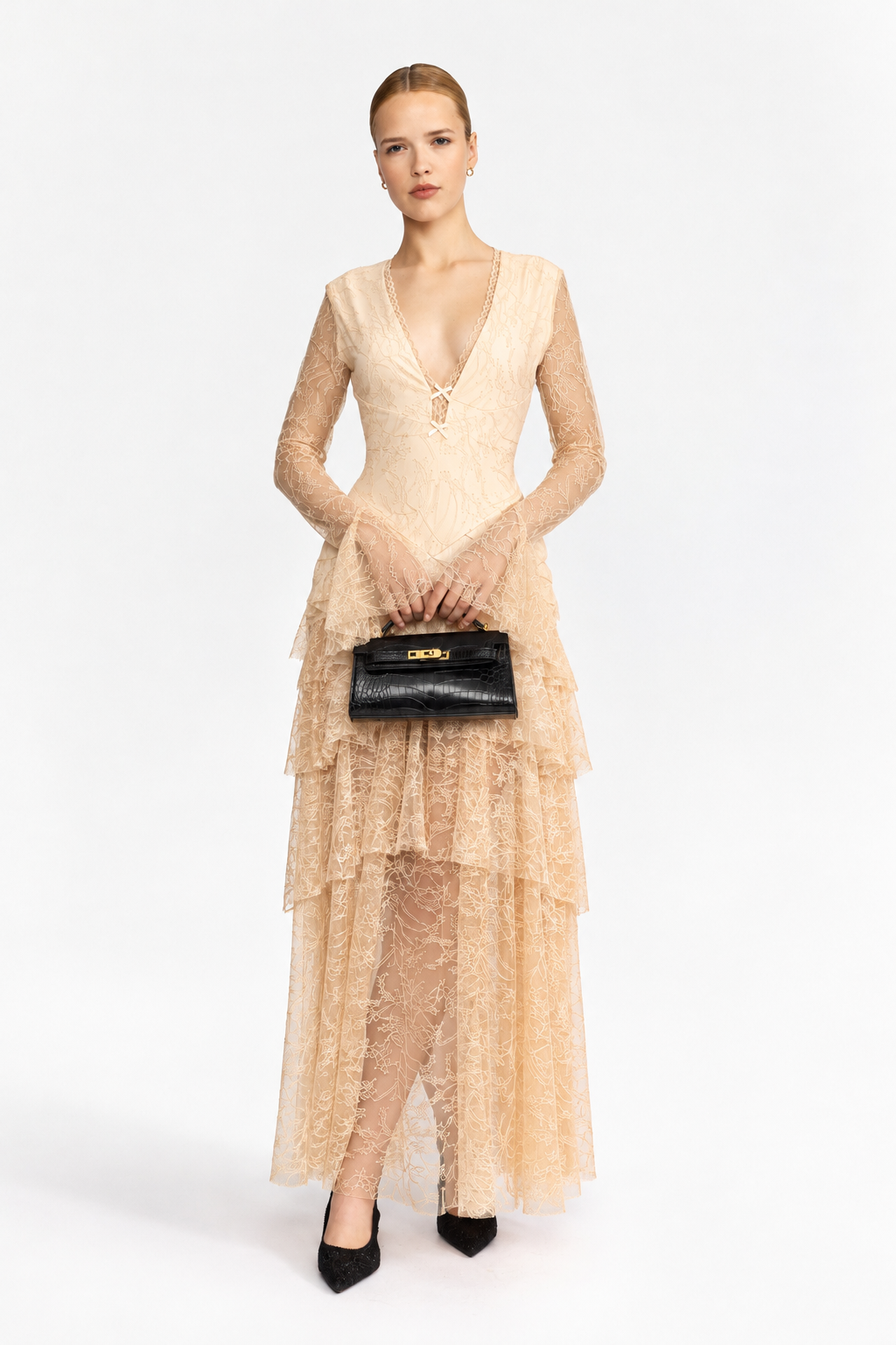 Rochie maxi cu volane din dantelă Chantilly - Bej