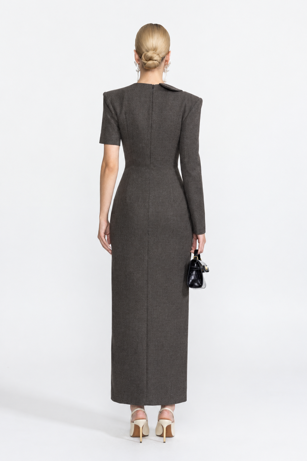 Rochie maxi tip blazer asimetrică cu bustieră din dantelă - Charcoal