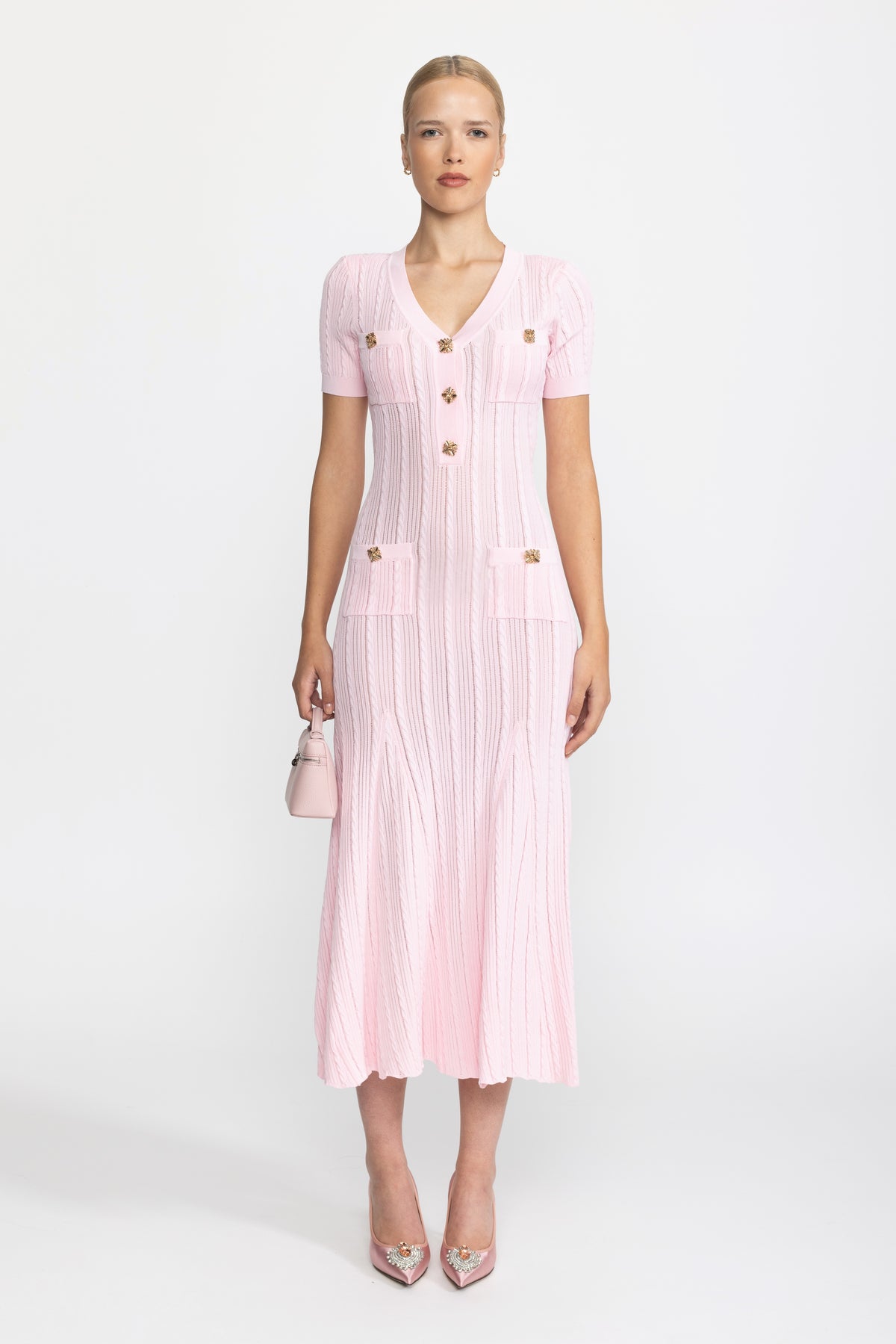 Rochie midi din tricot cu torsade și nasturi-bijuterie - Roz