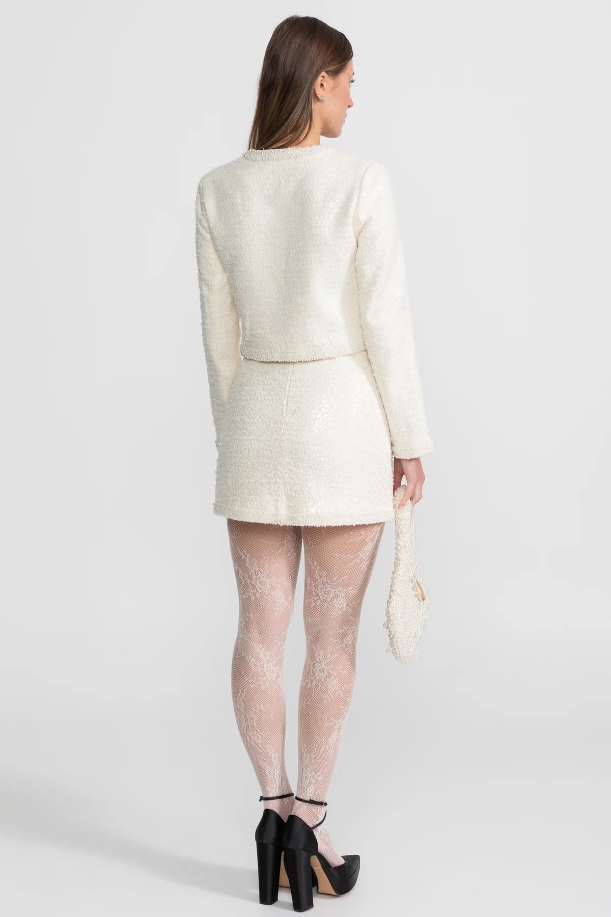 Tweed Mini Skirt With Beaded Trim And Hemline - Ivoire