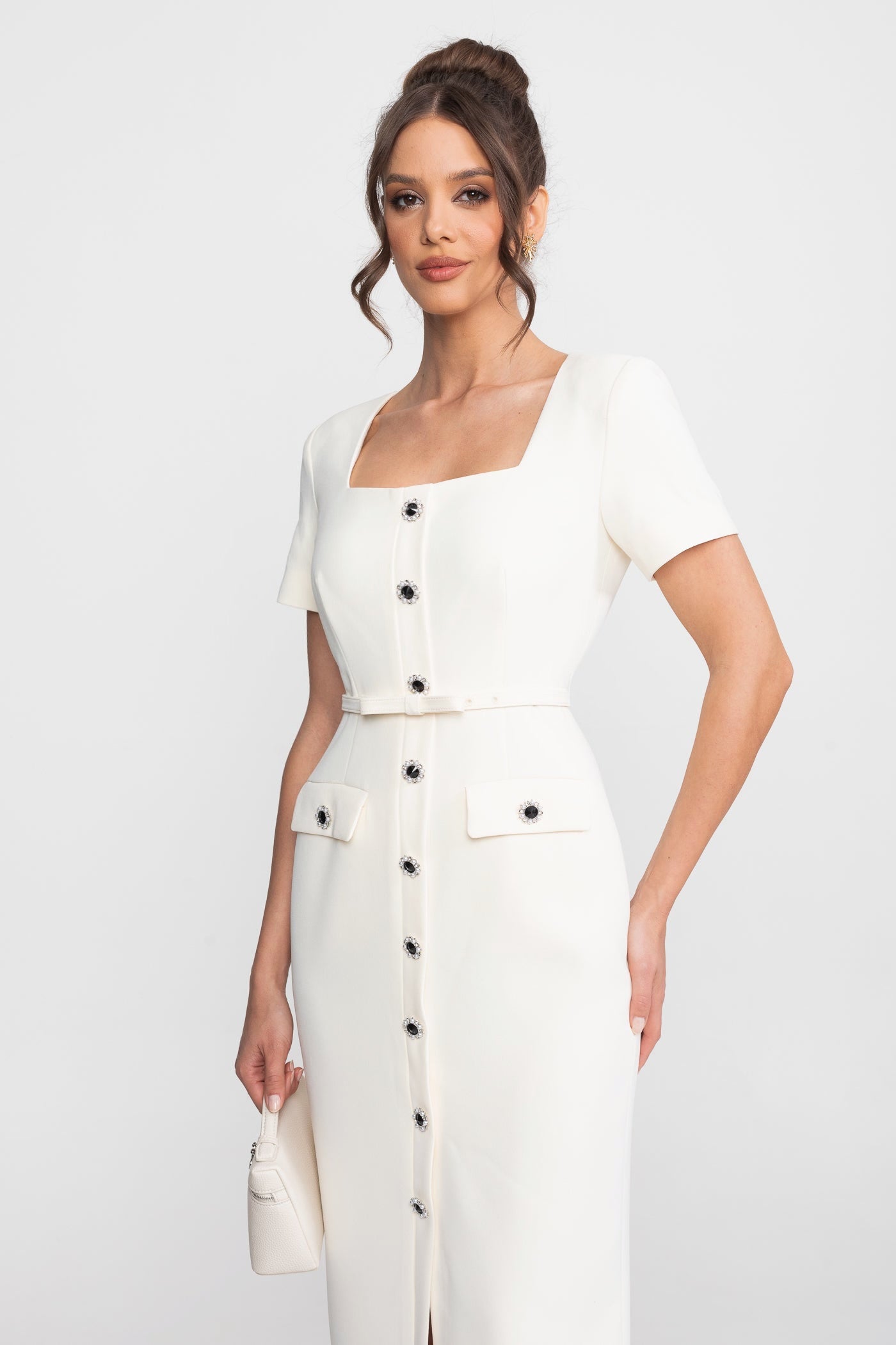 Square-Neck Button-Through Midi Dress With Jewel Buttons - White