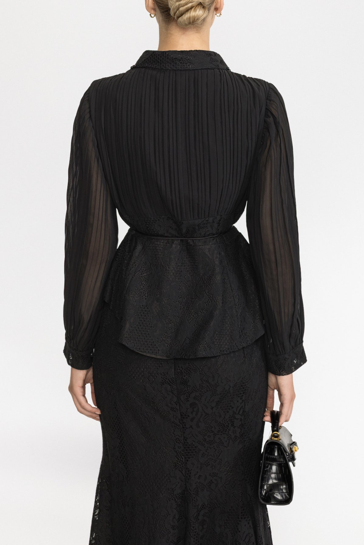 Set cu bluză peplum din șifon plisat și dantelă și fustă maxi - Negru