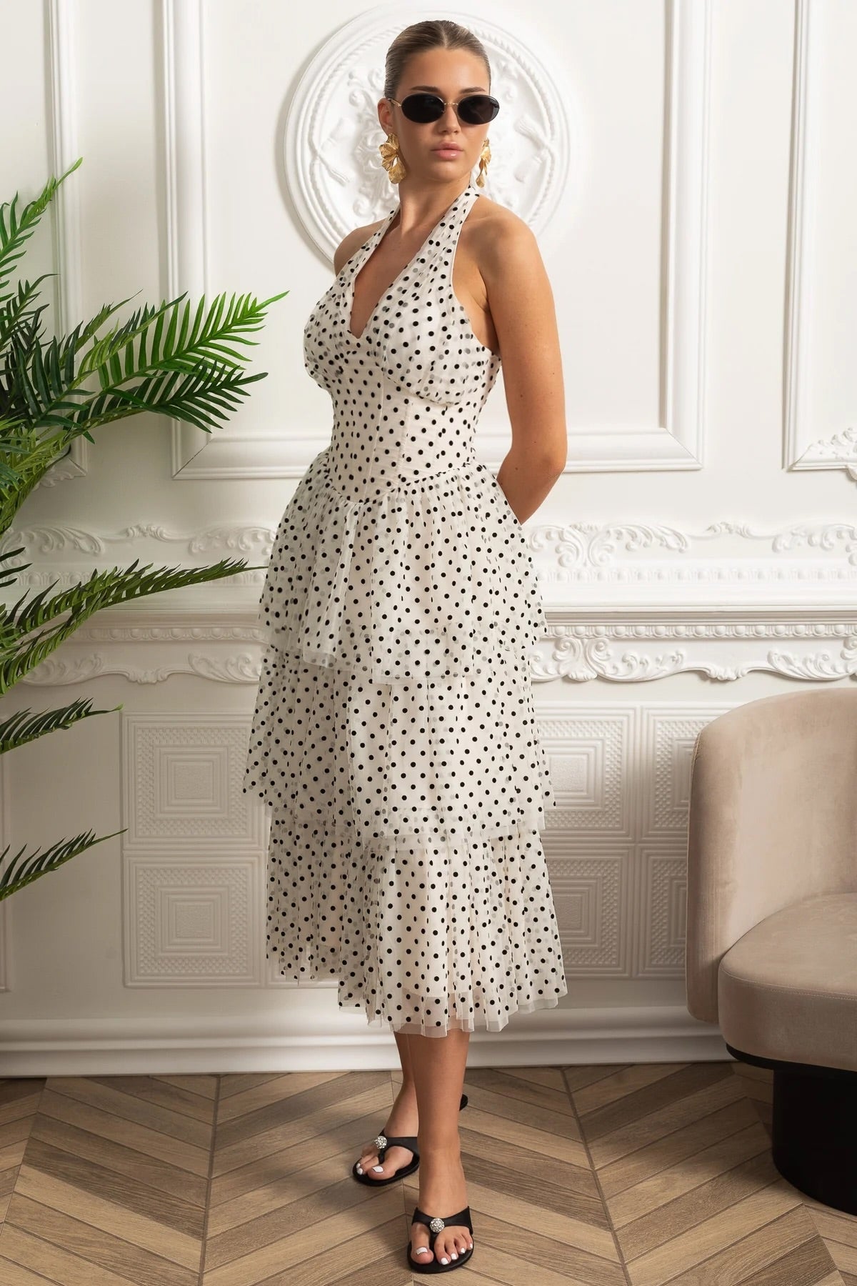 Polka Dot Halterneck Tiered Midi Dress - White