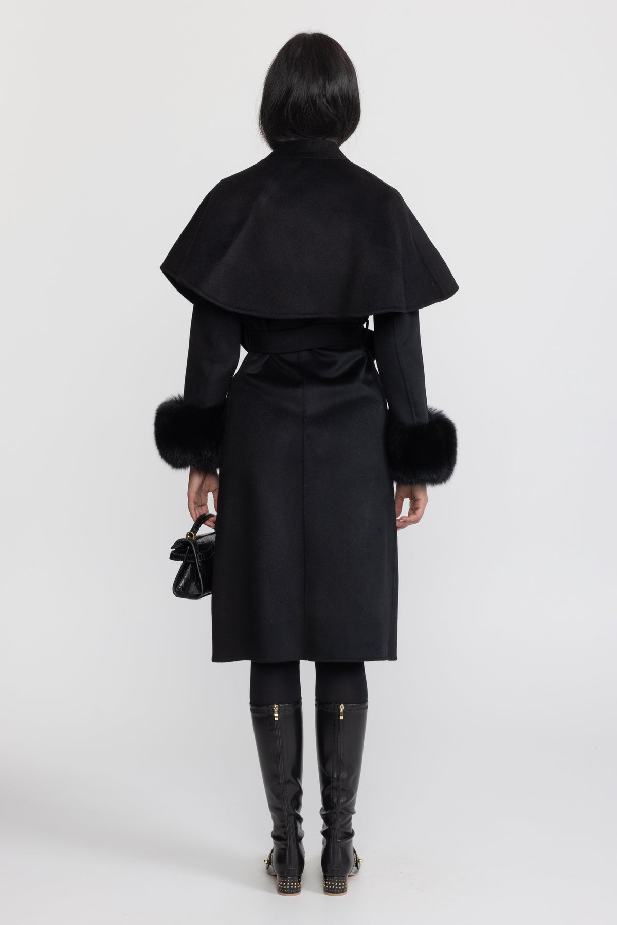 Embellished Capelet Wool Coat with Fox Fur Cuffs - Black