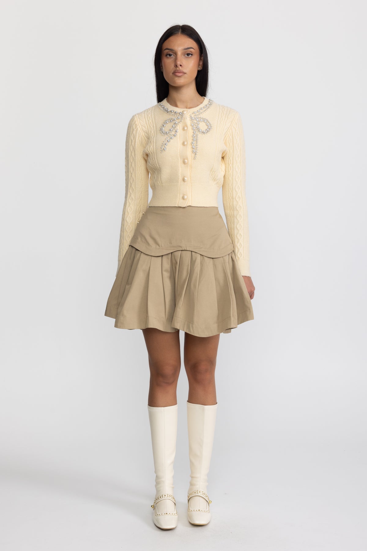 Cardigan din tricot cablu cu fundă decorativă din perle - galben