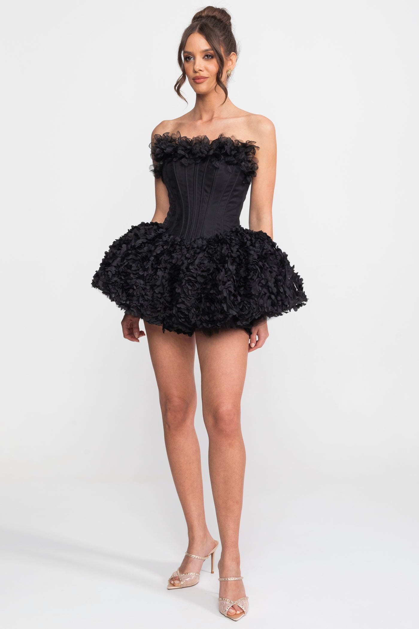 Strapless Corset Mini Dress With 3D Rose Appliqué Skirt - Black