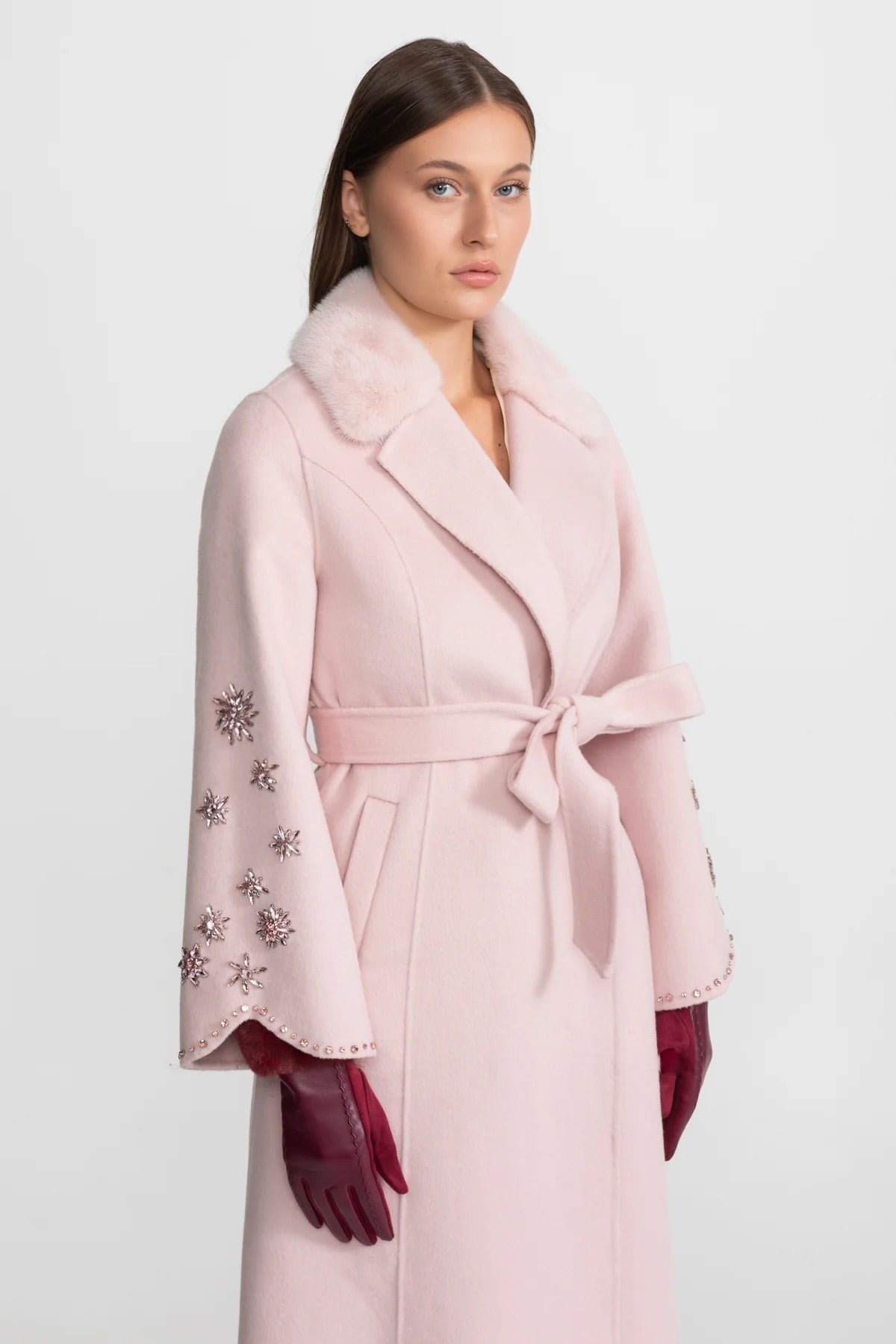 Embellished Wool Overcoat With Fox Fur Collar – Pink